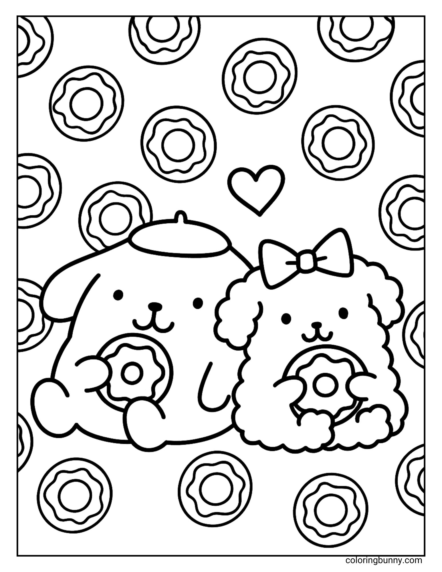 Kids coloring page featuring Pompompurin and his fluffy friend Macaroon sitting side by side, each holding a donut. The background is decorated with donuts and a heart floating above them.