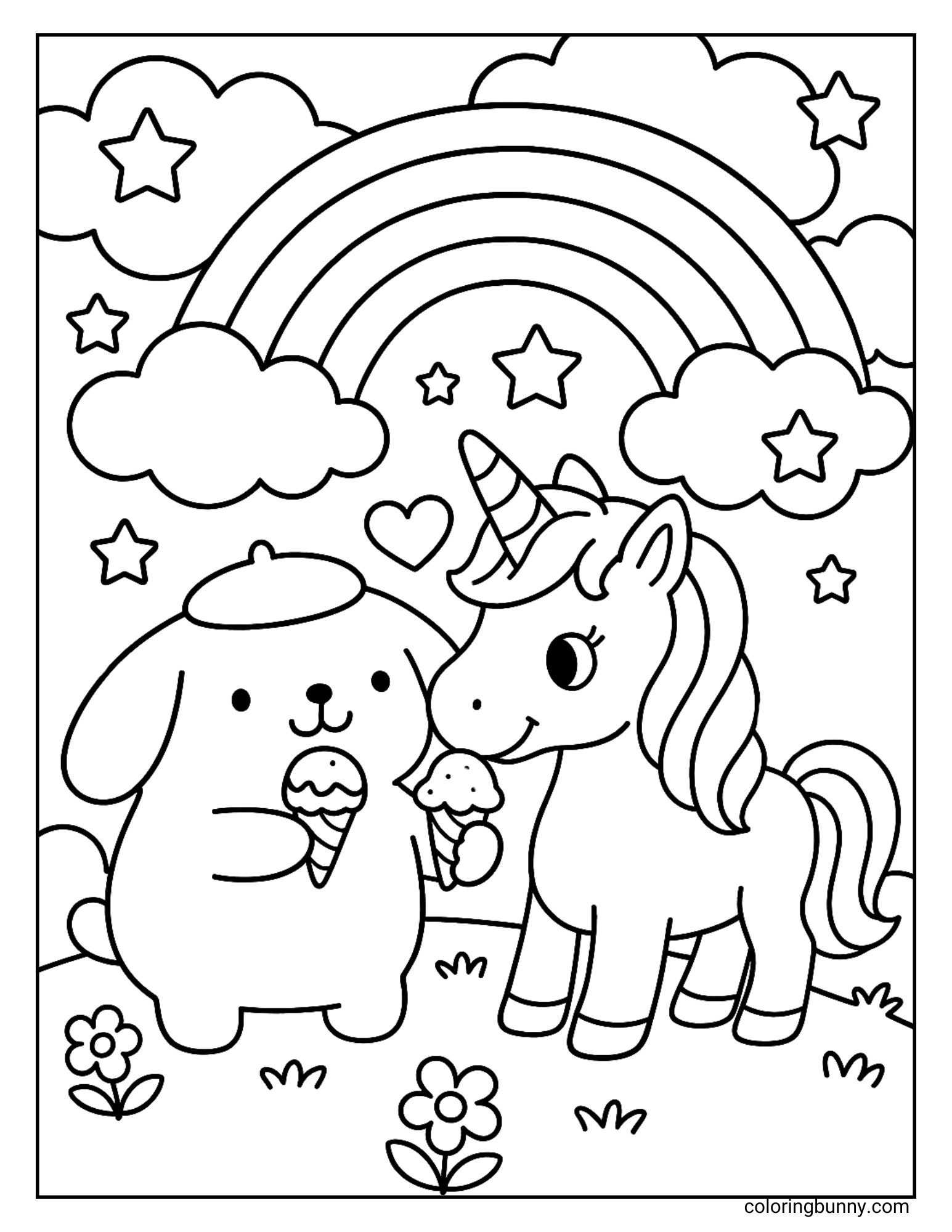 Kids coloring page featuring Pompompurin standing beside a unicorn, both holding ice cream cones. Behind them is a big rainbow surrounded by stars, fluffy clouds, and flowers on the ground.