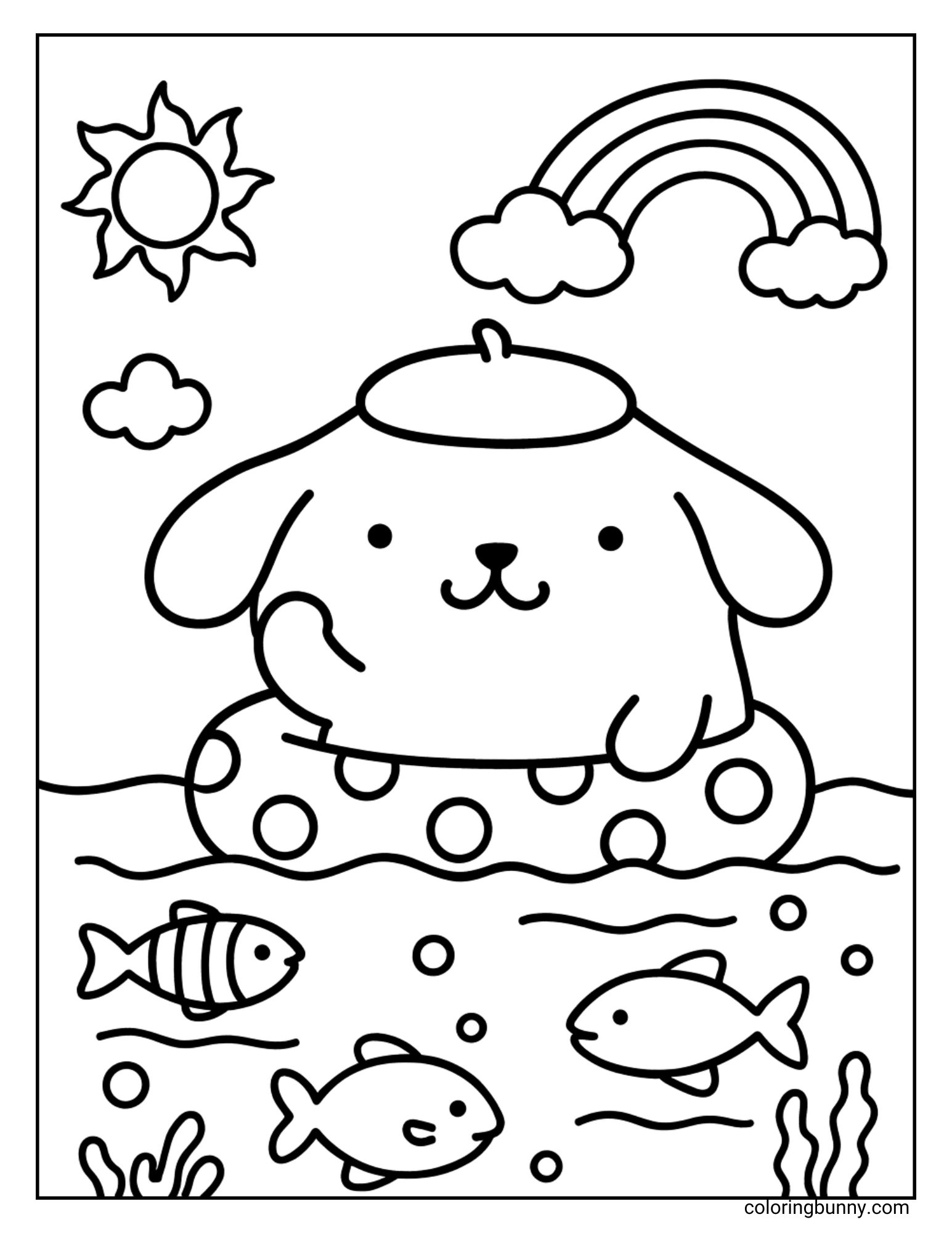 Coloring page of Pompompurin floating in the water in a floatie, with fish swimming below him and a sun and a rainbow in the sky.