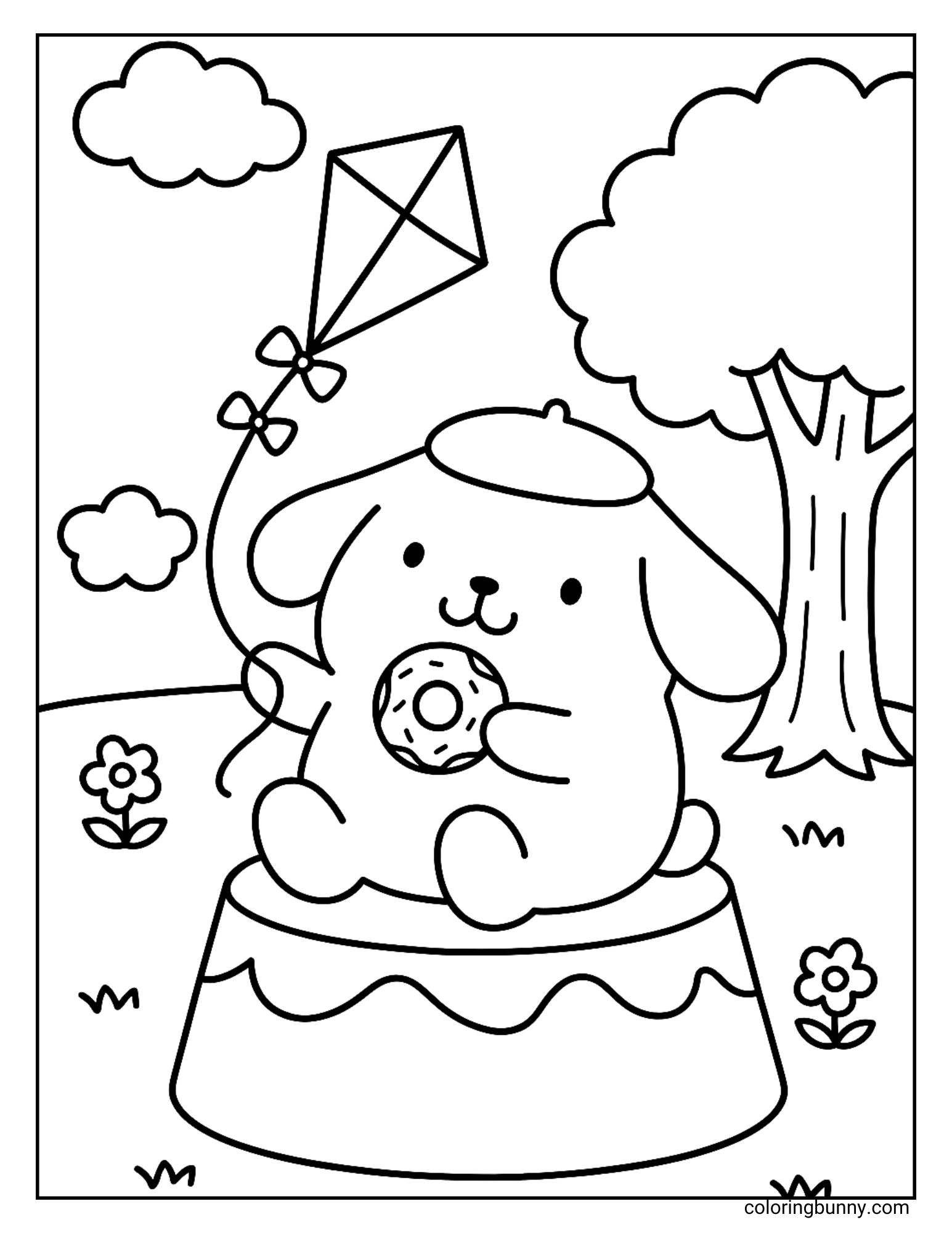This Pompompurin coloring page shows him sitting happily with a donut while flying a kite in the park, surrounded by trees, flowers, and fluffy clouds.