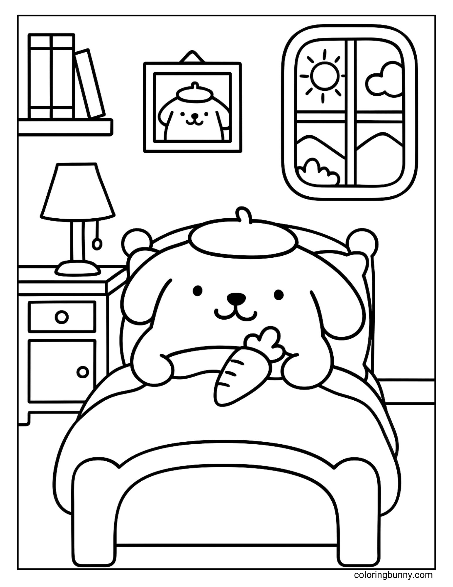 Coloring page featuring Pompompurin lying cozily in bed, clutching a carrot like a bedtime friend. A sunny window brightens the room, alongside a framed portrait, bookshelf, and bedside lamp.