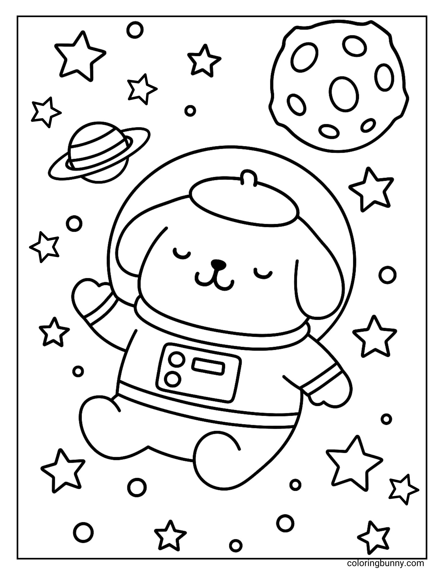 Kids coloring page of Pompompurin in a space suit, peacefully floating in space with planets and stars around him.