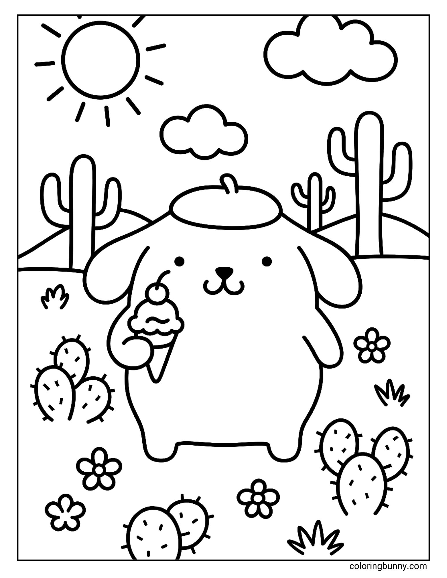 Coloring page showing Pompompurin standing in a desert setting, surrounded by cactus plants, flowers, and tall cacti with the sun shining above. He’s holding an ice cream cone, creating a playful desert adventure scene that kids can color with bright warm shades.