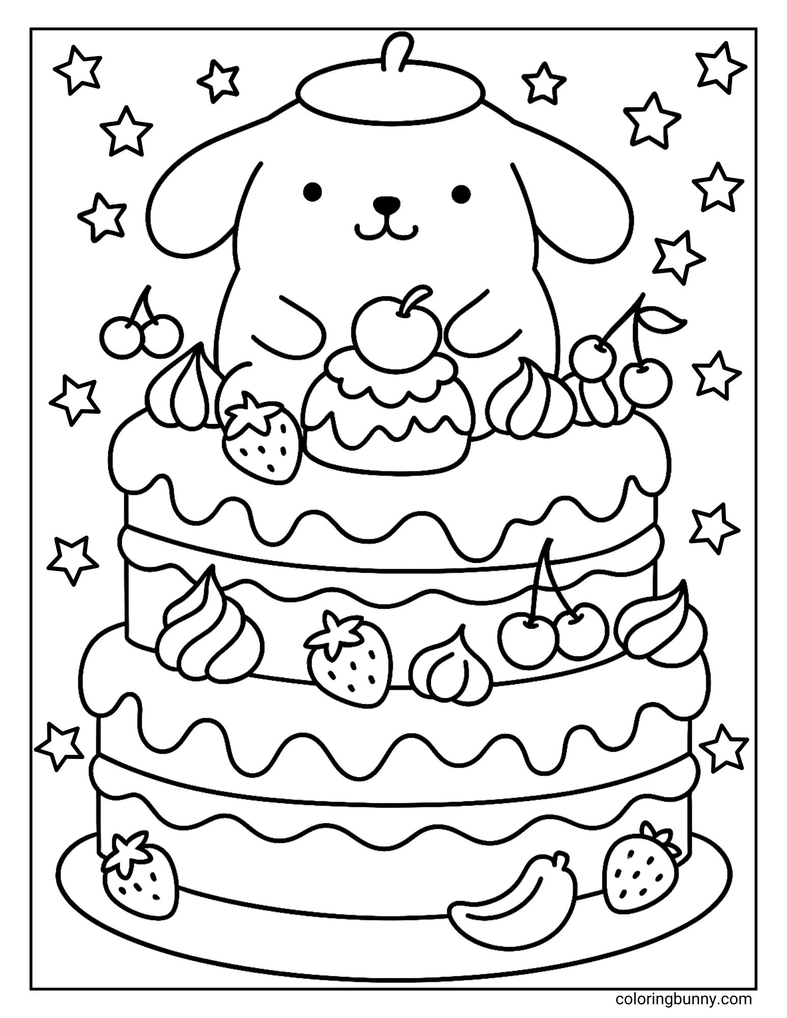 A coloring page of Pompompurin sitting on a three-tiered cake with him eating a piece of fruit, with strawberries, cherries, and stars all around.