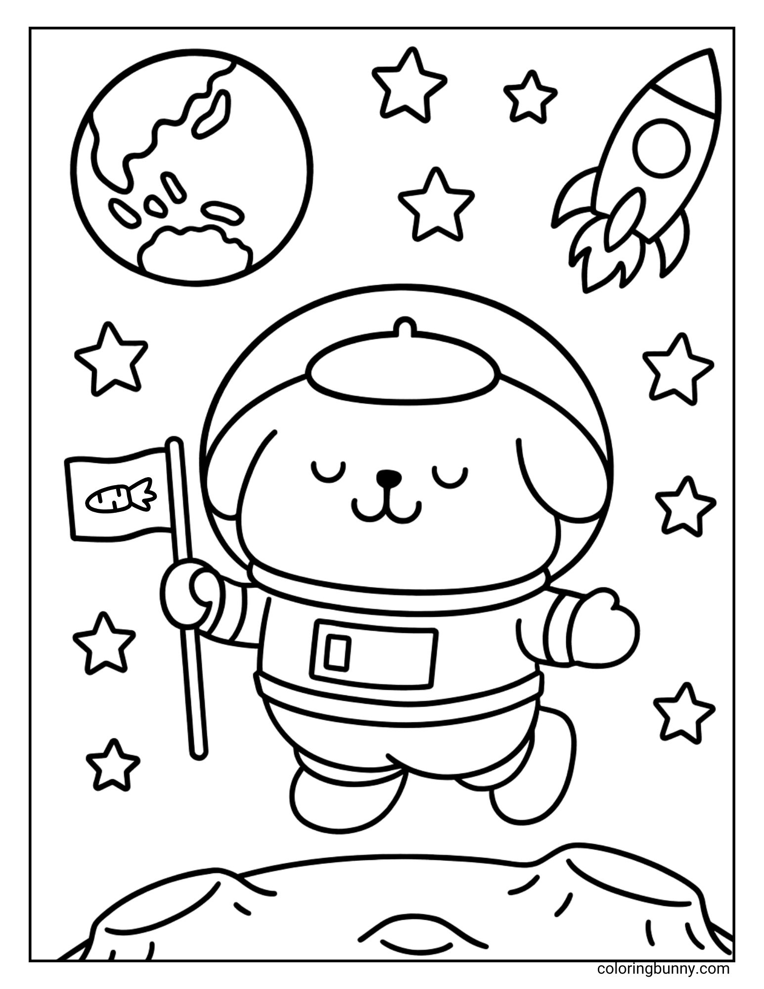A Pompompurin coloring page featuring him in a spacesuit on the moon, holding a flag with a fish design. Earth, twinkling stars, and a rocket flying nearby complete this playful outer space adventure scene for kids to color.