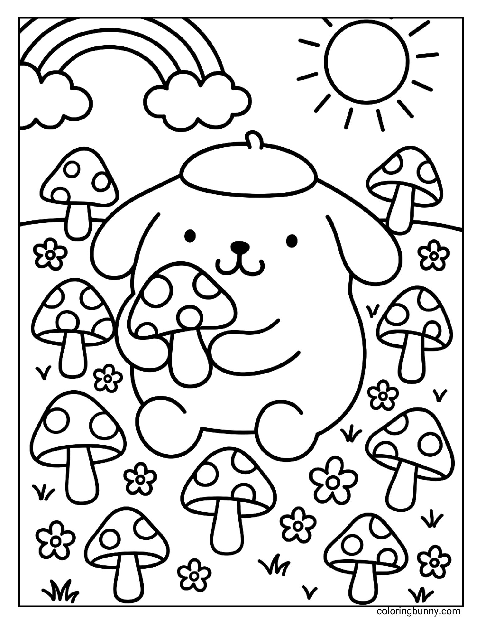 Pompompurin coloring page showing Pompompurin in a cheerful meadow filled with spotted mushrooms and little flowers. He is holding a large mushroom with a happy smile, while the sun shines brightly and a rainbow arches across the sky.