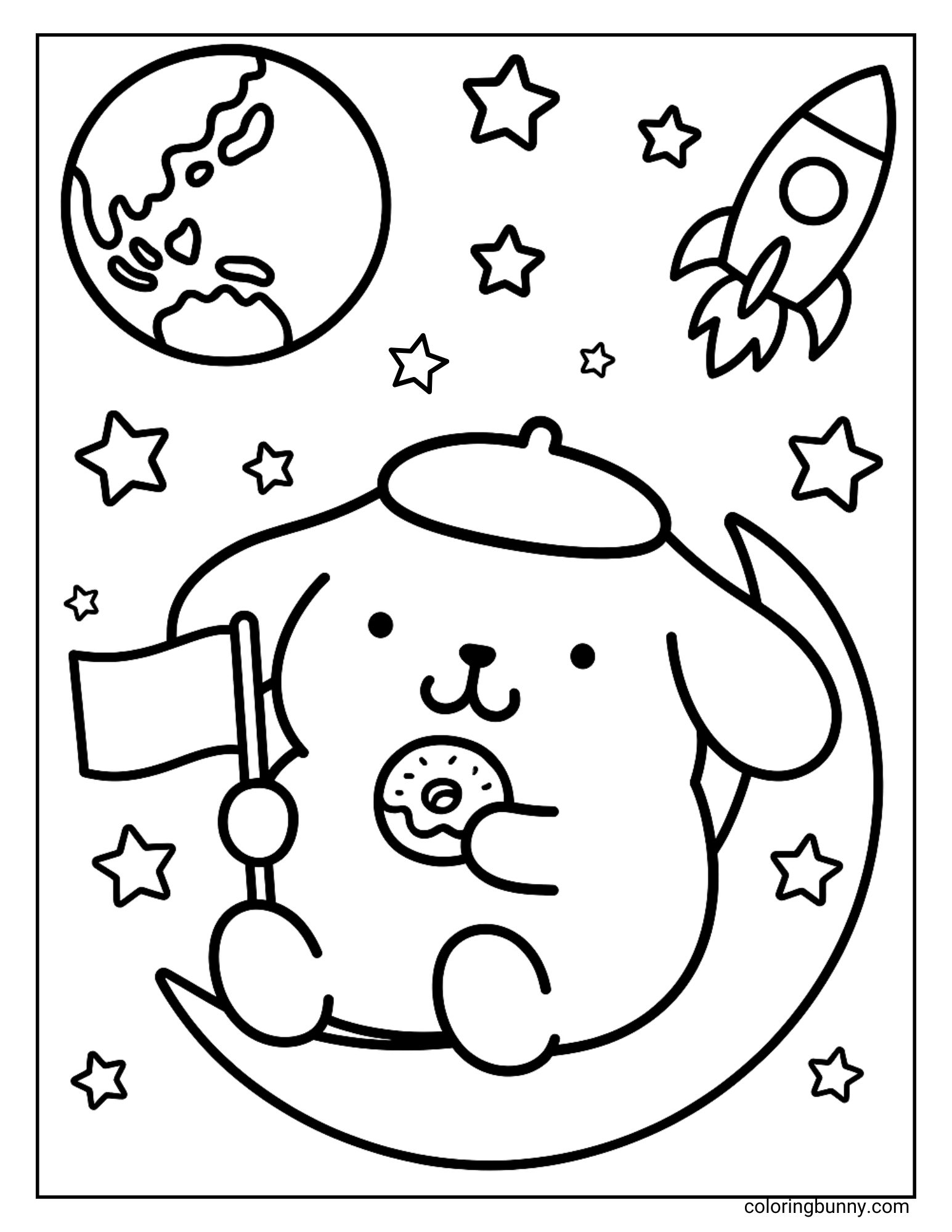 Coloring page of Pompompurin sitting on a crescent moon, holding a flag and a donut, with the Earth, stars, and a rocket in the background.