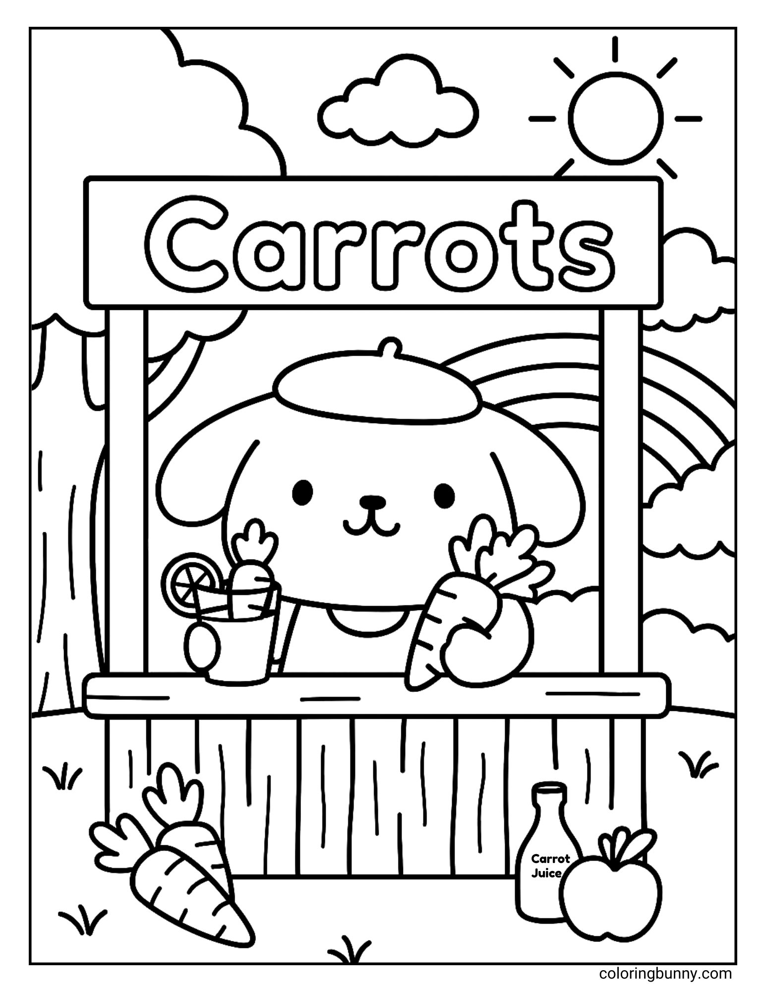 Coloring page of Pompompurin at a stand with a 'Carrots' sign. He is holding a carrot, and the stand also has carrot juice and an apple. A rainbow, a smiling sun, and clouds are in the background.