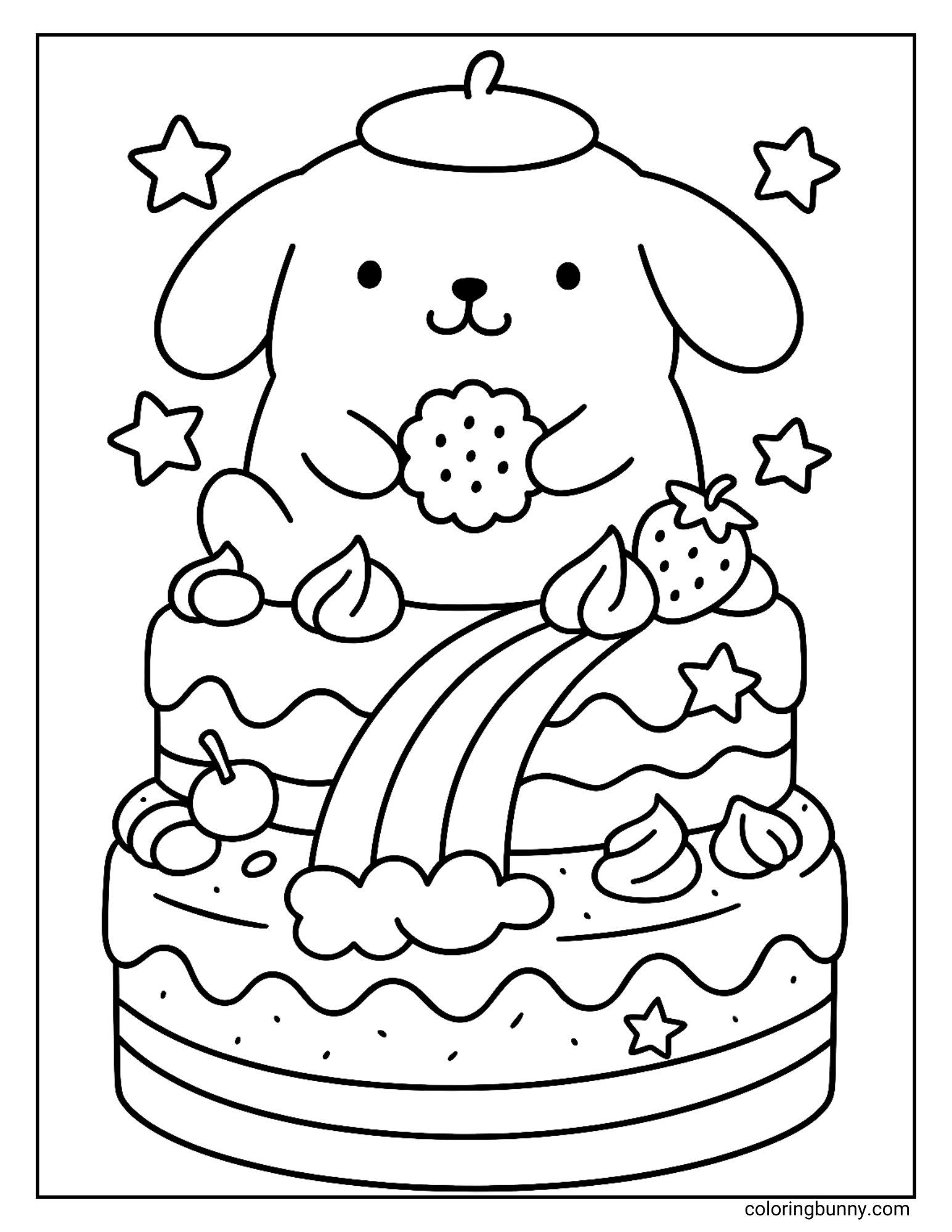 Coloring page of Pompompurin sitting on a giant layered cake decorated with strawberries, cherries, whipped cream, stars, and a rainbow. He holds a cookie while smiling happily.