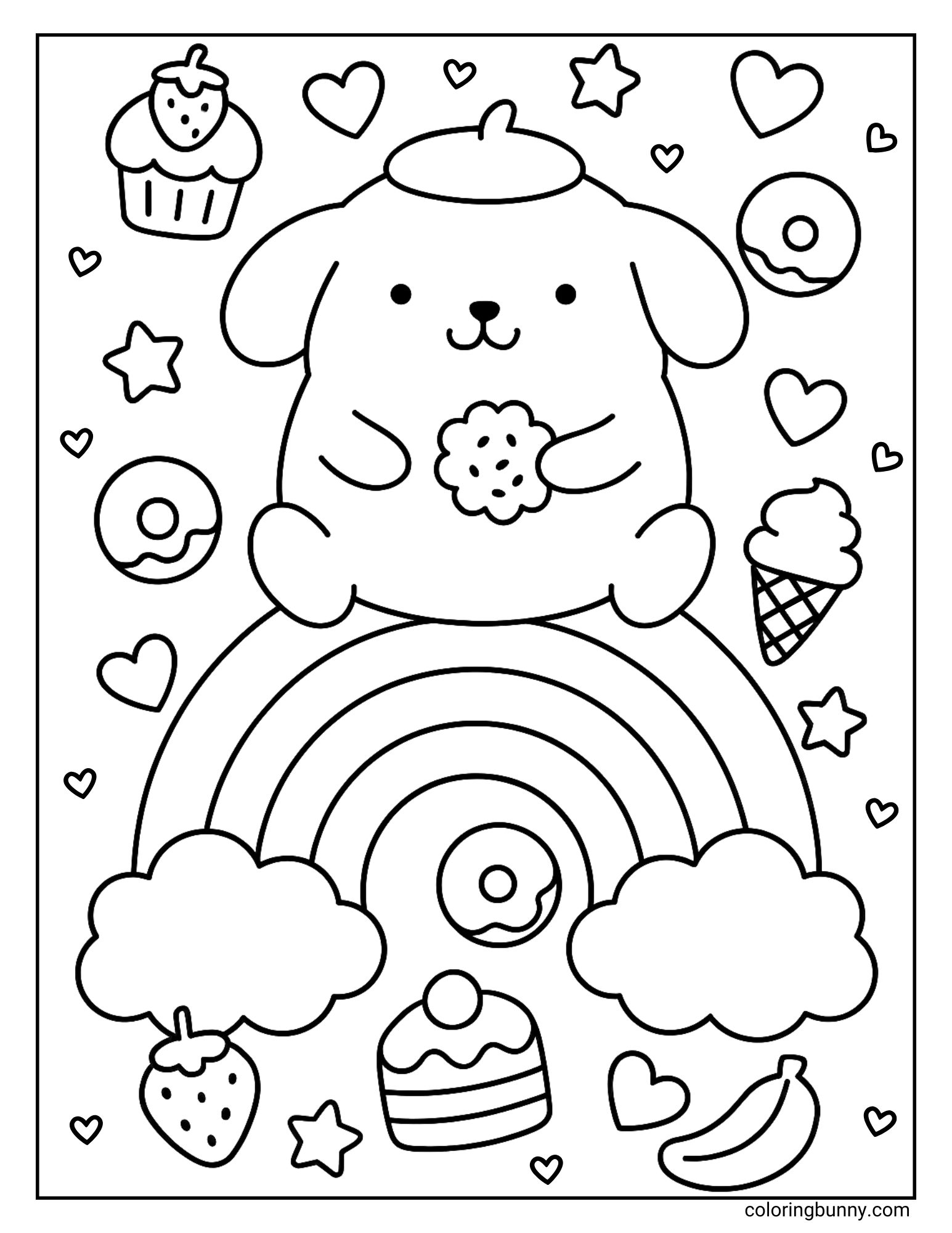 Coloring page of Pompompurin sitting on a rainbow while holding a cookie. Around him are donuts, cupcakes, ice cream, fruit, and slices of cake, with stars, hearts, and clouds scattered in the background.