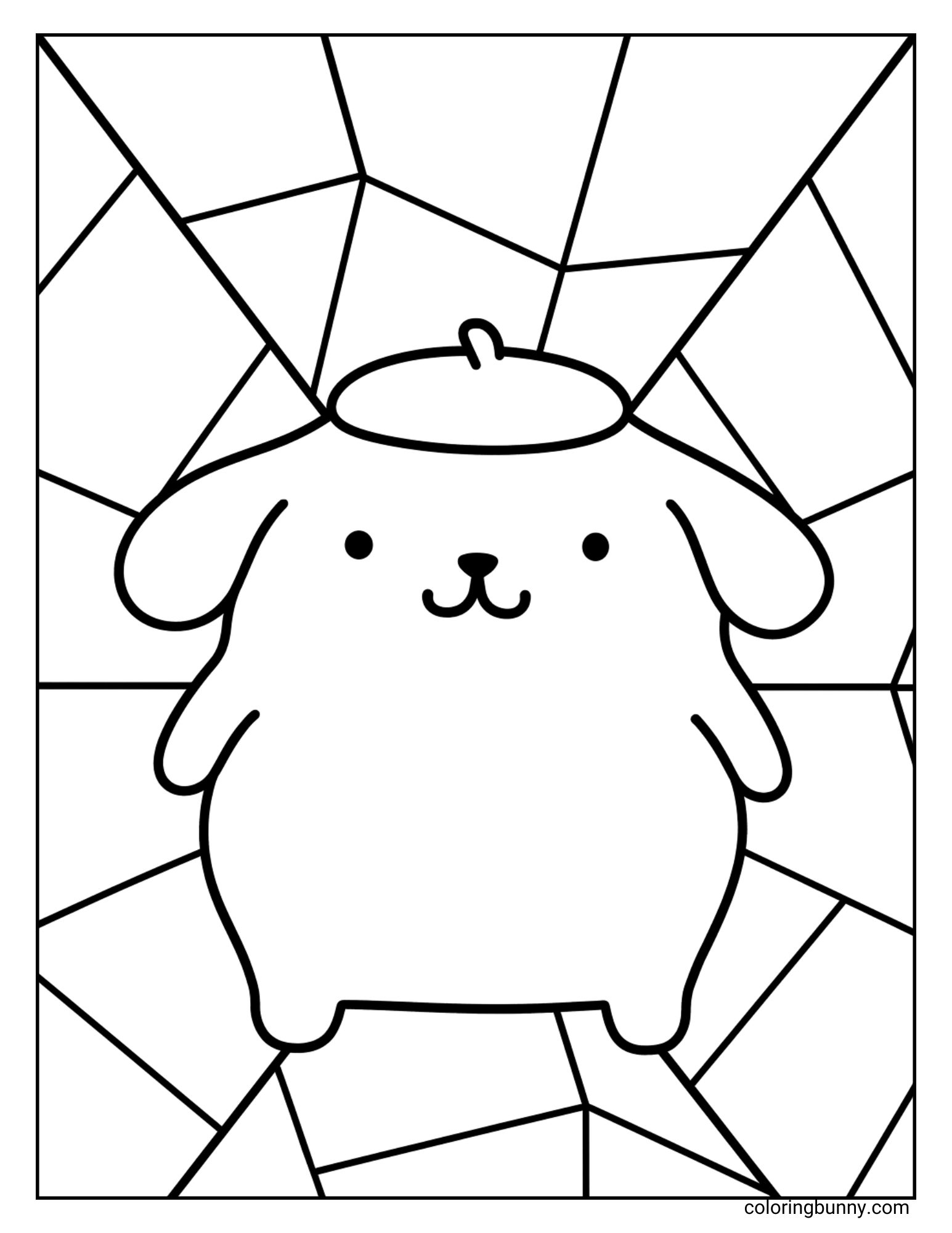 Coloring page of Pompompurin standing against a geometric patterned background filled with angular shapes.
