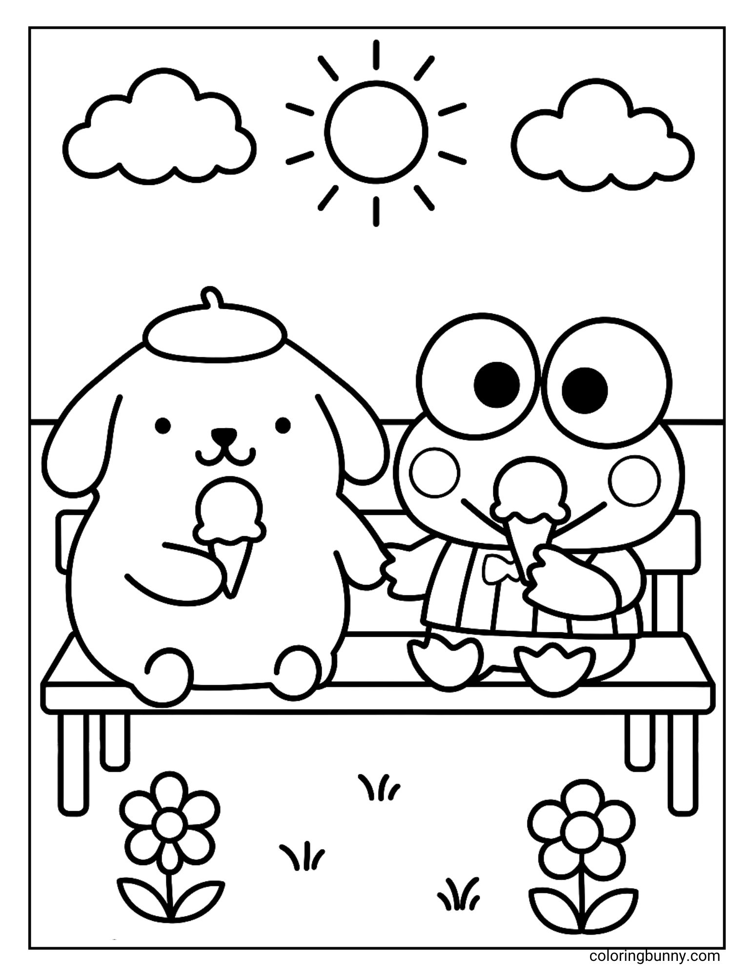 Keroppi coloring page of Pompompurin and Keroppi enjoying ice cream cones while sitting on a bench. The background includes a bright sun, fluffy clouds, flowers, and grass
