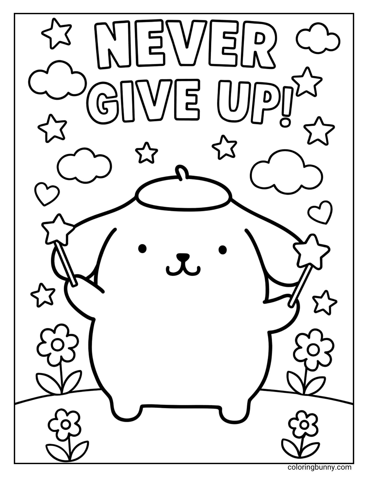 Coloring page of Sanrio’s Pompompurin holding two magic star wands with a big message overhead saying “Never Give Up.” He stands in a flowery field while fluffy clouds, shining stars, and little hearts fill the sky.