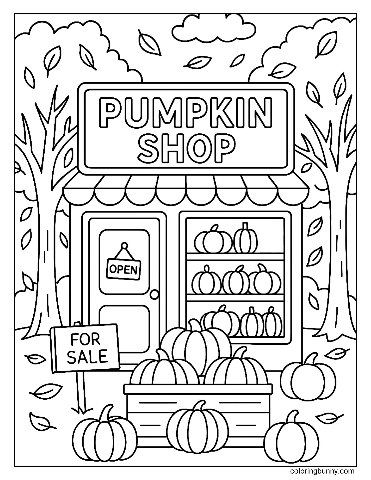 Fall coloring page of a pumpkin shop with shelves and crates full of pumpkins.