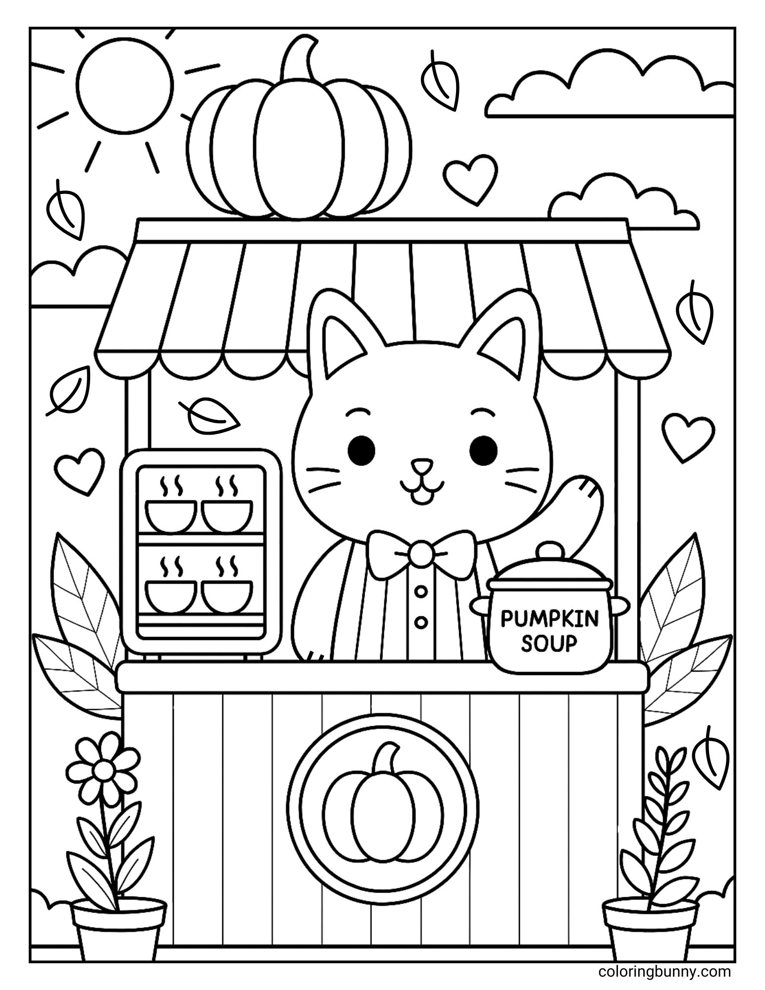 A cute cat wearing a bow tie stands at a pumpkin soup stand with steaming bowls, surrounded by leaves, flowers, and a big pumpkin on top, fall coloring page.