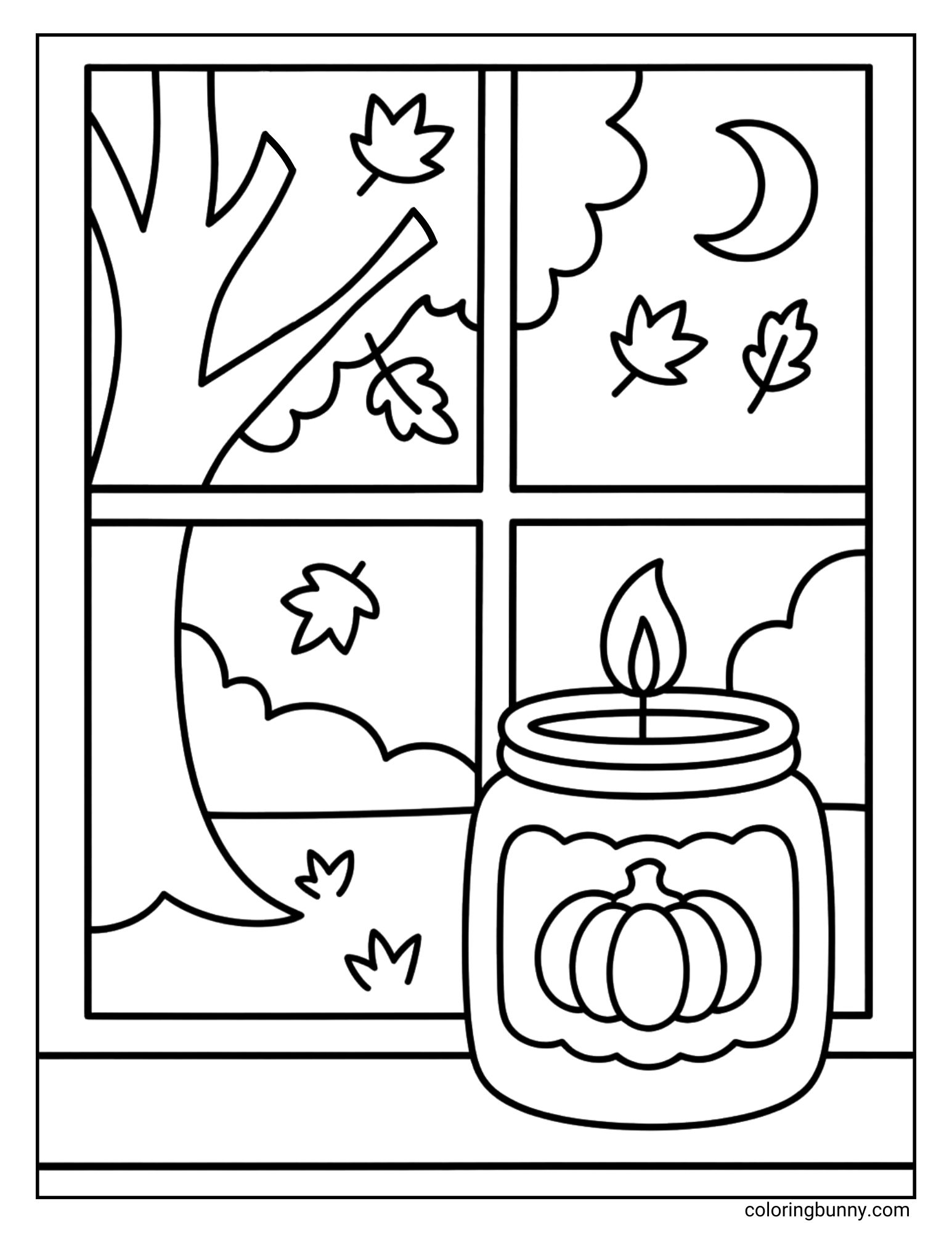 A cozy coloring page of a lit candle in a jar sitting on a windowsill. The candle has a pumpkin on its label. Through the window, you can see a peaceful autumn night scene with a tree, a crescent moon, and falling leaves.