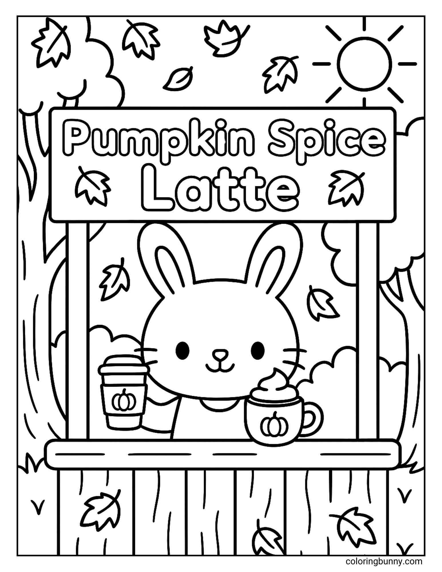 A black and white coloring page of a cute rabbit behind a pumpkin spice latte stand, holding a coffee cup, with autumn leaves falling around him.