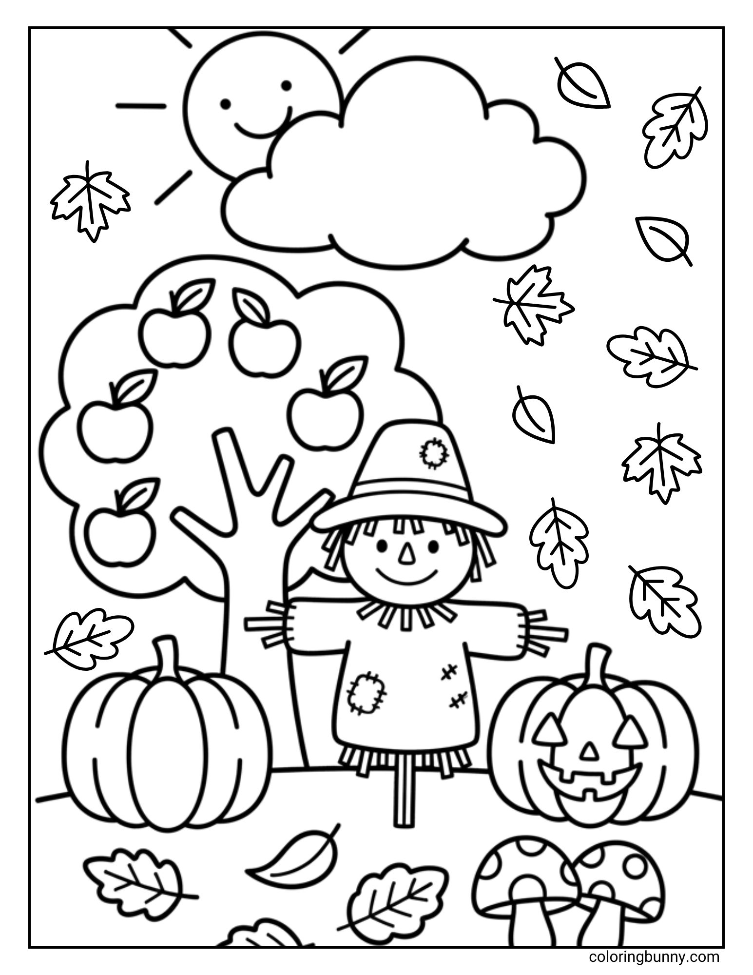 A festive fall coloring page showing a cheerful scarecrow by an apple tree full of fruit, with pumpkins, mushrooms, a jack-o’-lantern, and swirling autumn leaves beneath a bright sun and fluffy clouds