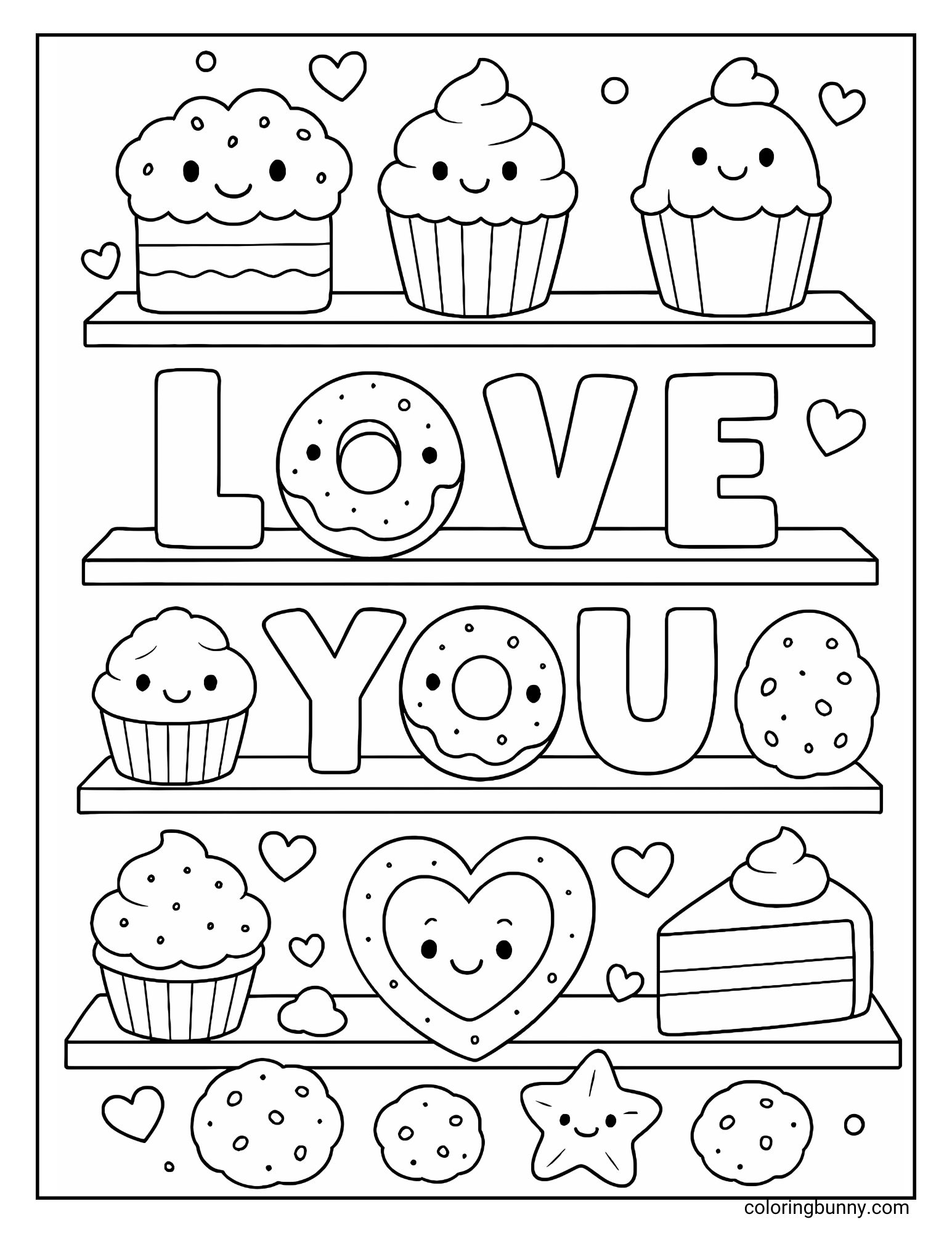 An I Love You coloring sheet with rows of desserts, including cupcakes, donuts, cookies, slices of cake, and a heart-shaped treat. The bold words Love You sit in the center across the shelves, surrounded by floating hearts.