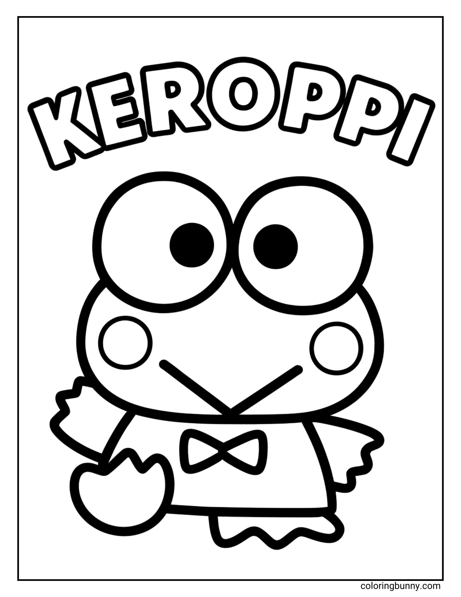 Simple Keroppi coloring sheet featuring the Sanrio frog with a bow tie and big round eyes, perfect for young kids to color.