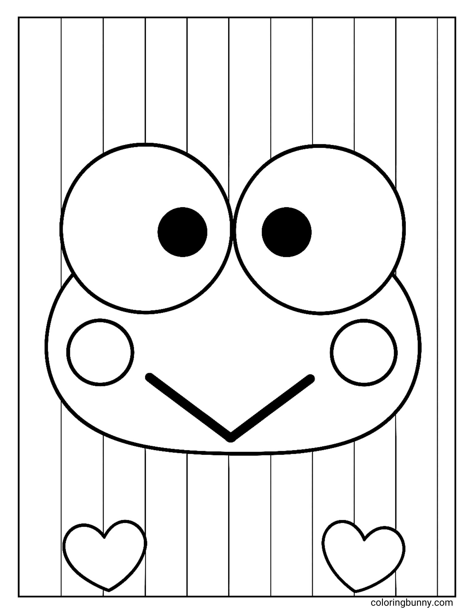 Simple Keroppi coloring page featuring his big face with a striped wallpaper background and two hearts.