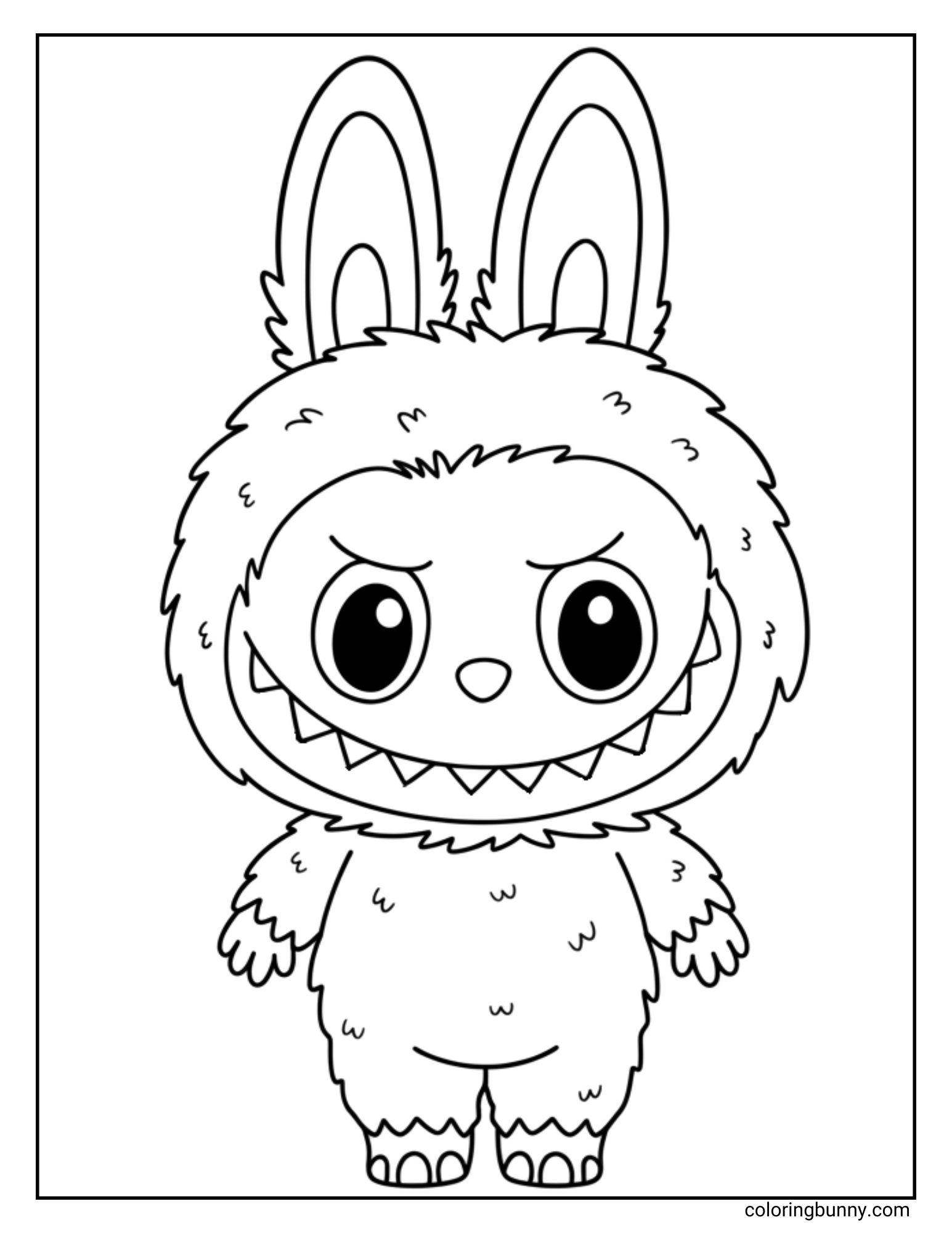 Simple Labubu coloring page showing a full-body view of the character standing and smiling.
