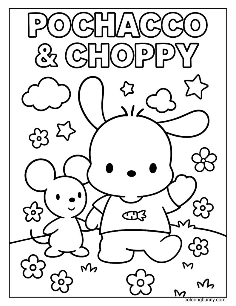 Coloring page of Pochacco and his friend Choppy holding hands, with the words "POCHACCO & CHOPPY" at the top and flowers and stars in the background.