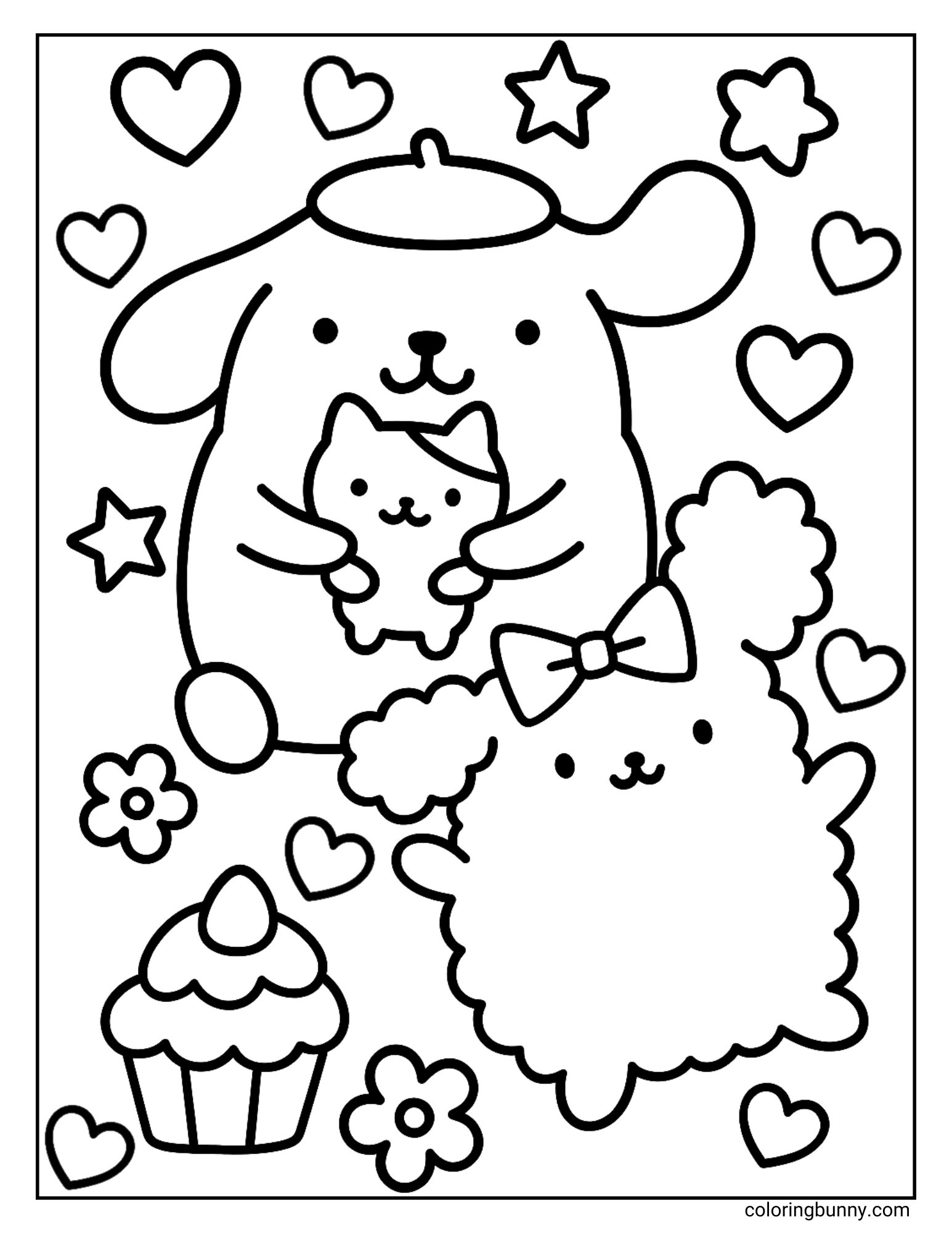 A coloring page of Pompompurin with holding Muffin and Macaroon smiling beside them, surrounded by hearts, stars, flowers, and a cupcake.