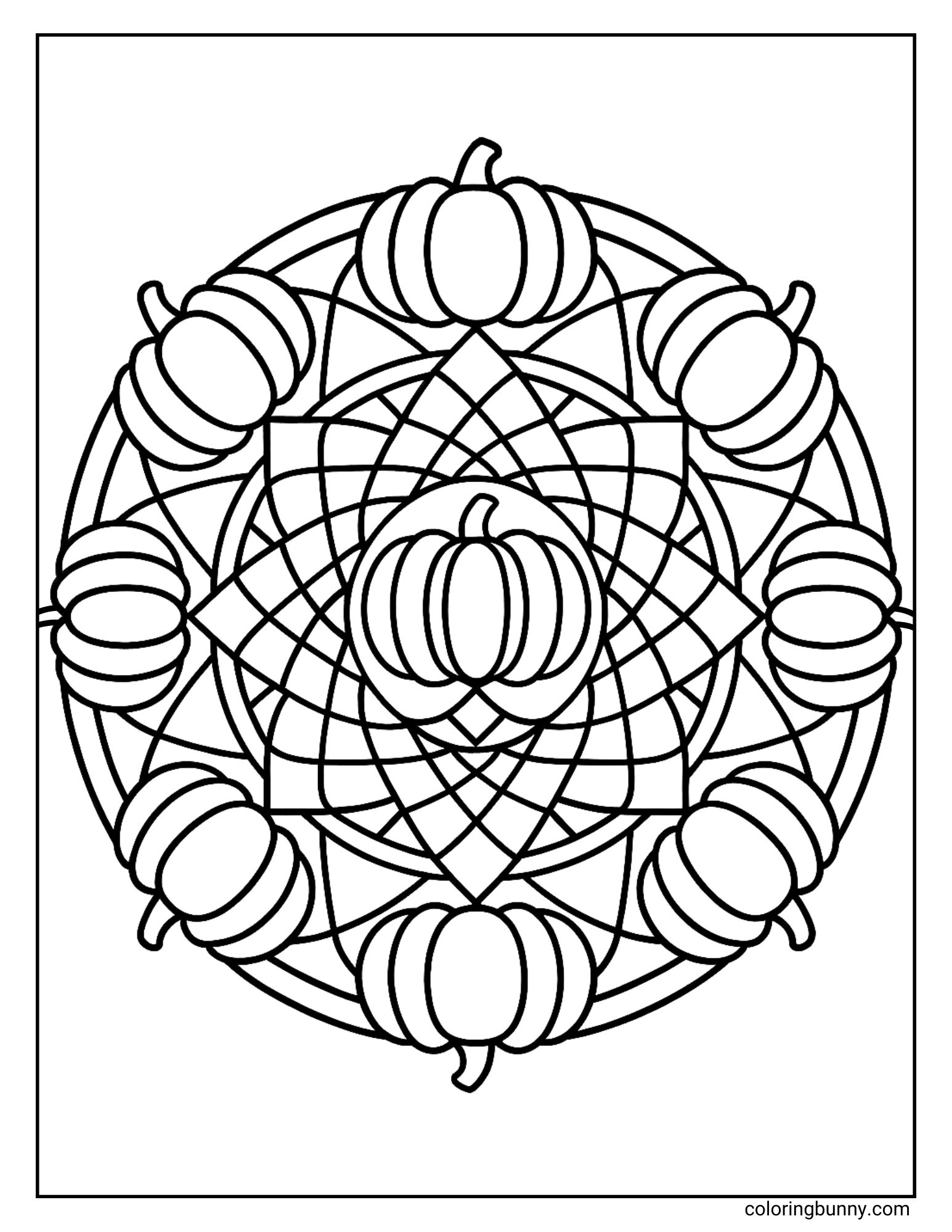 A relaxing coloring page of a pumpkin mandala, which is a circular geometric design. In the center is a single pumpkin, surrounded by an intricate web-like pattern and an outer ring of eight more pumpkins.