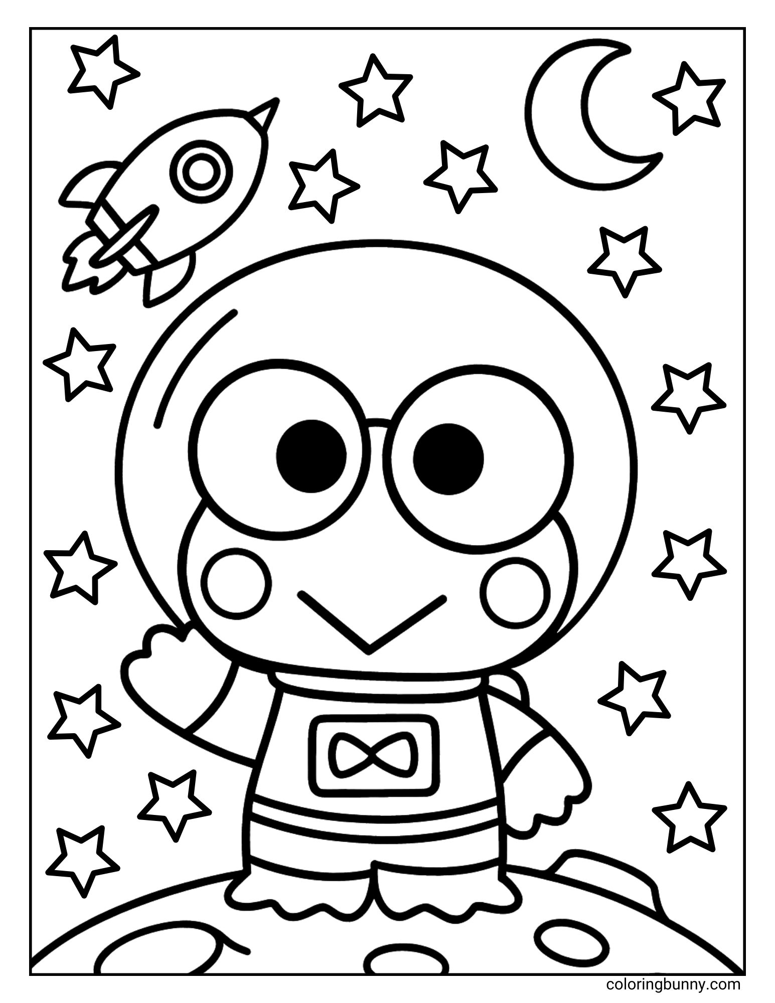 Keroppi coloring page of him dressed as an astronaut and standing on a moon. He is waving, with a rocket ship, a crescent moon, and many stars in the background.