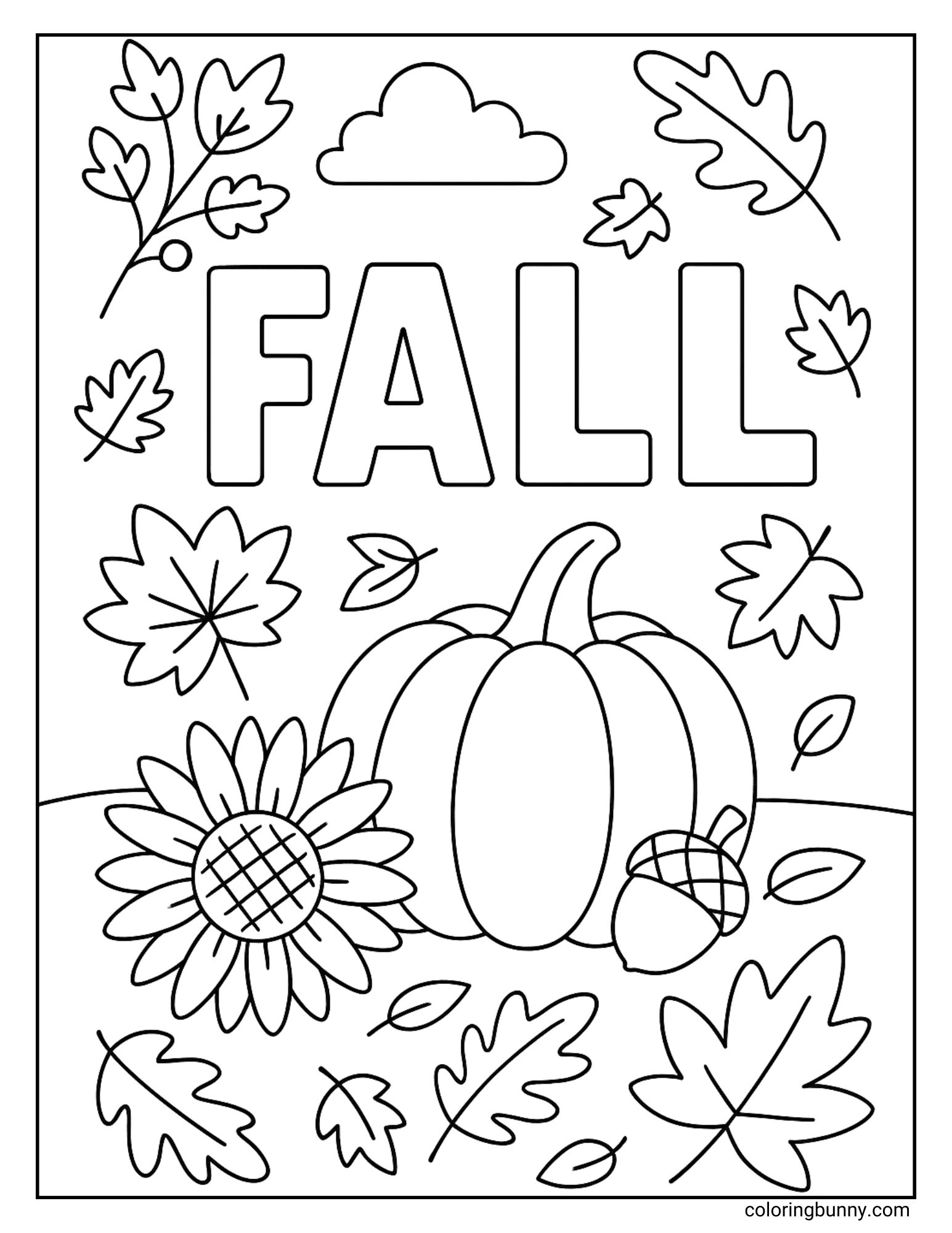 A simple fall coloring sheet showing a big pumpkin, sunflower, acorn, and swirling leaves with the word “FALL” written boldly at the top, creating a fun and festive autumn page for kids to color.
