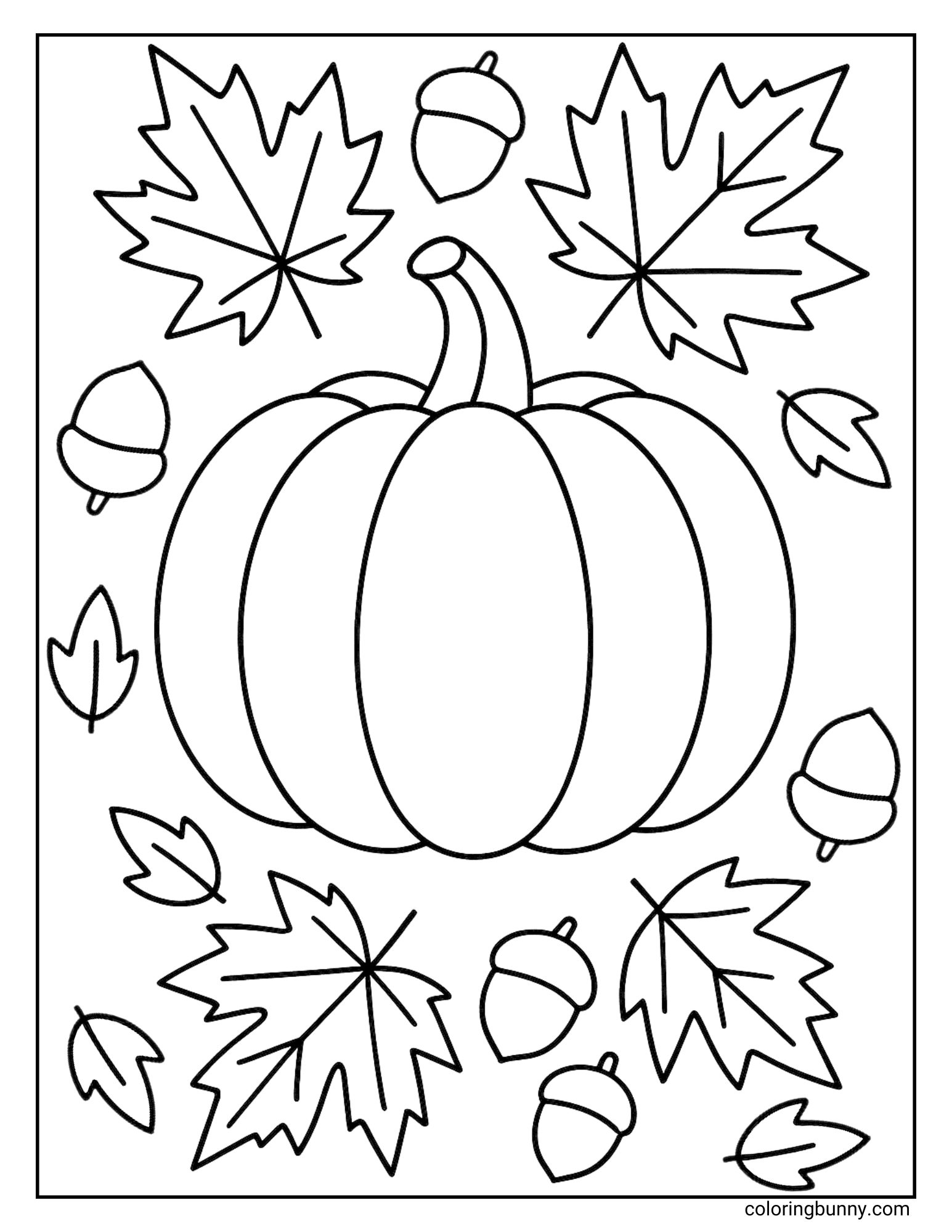 A classic autumn coloring sheet featuring a large pumpkin in the center. The pumpkin is surrounded by a beautiful pattern of falling maple leaves, smaller leaves, and acorns, perfect for celebrating the season.