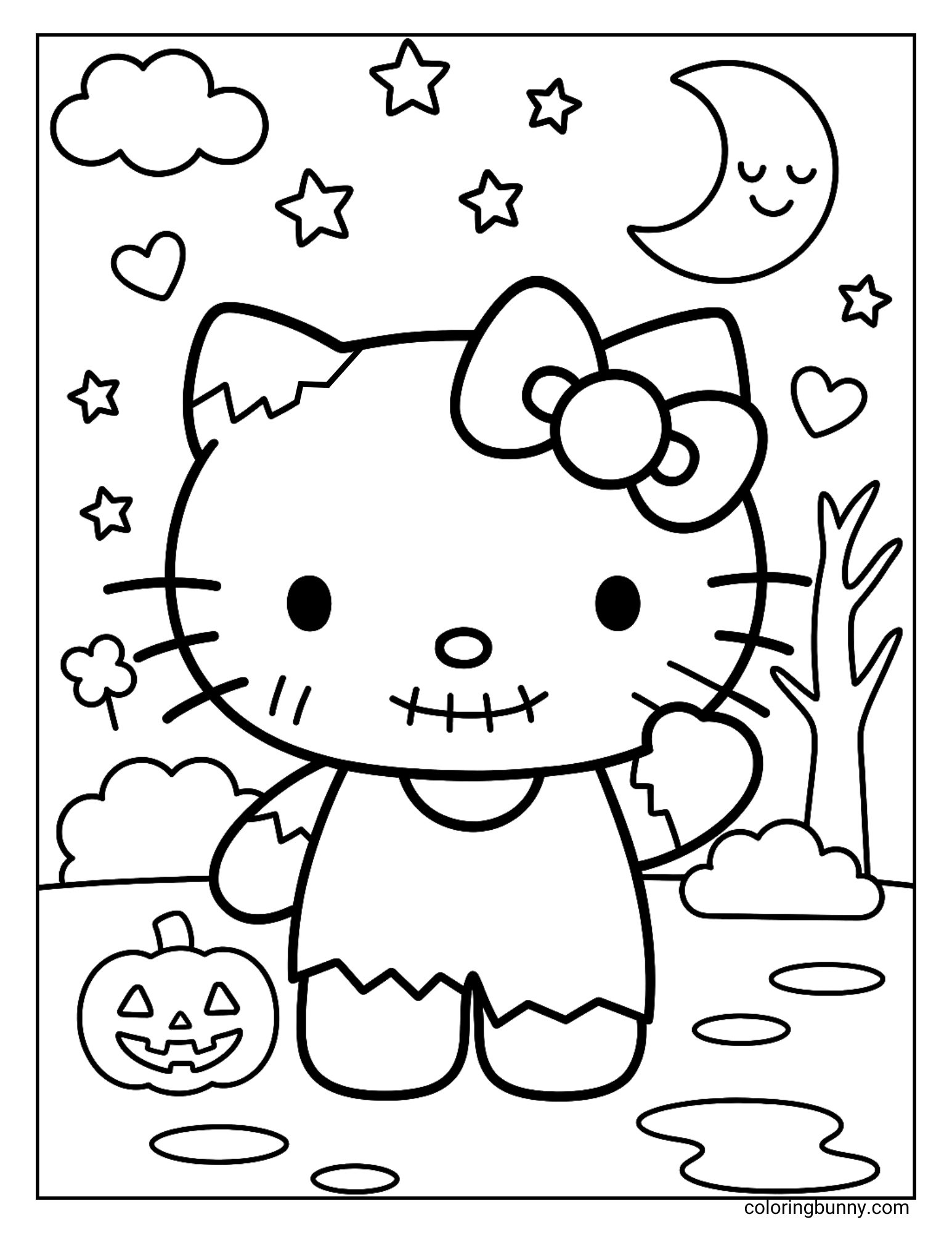 Halloween coloring page of Hello Kitty dressed as a zombie, with a jack-o’-lantern, stars, moon, and trees around her for a silly spooky scene.