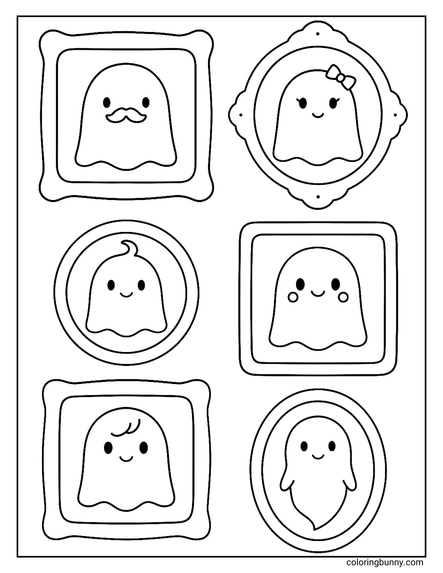 Six framed portraits of smiling ghosts with different hairstyles and accessories, arranged like a ghost family gallery on a Halloween coloring page.