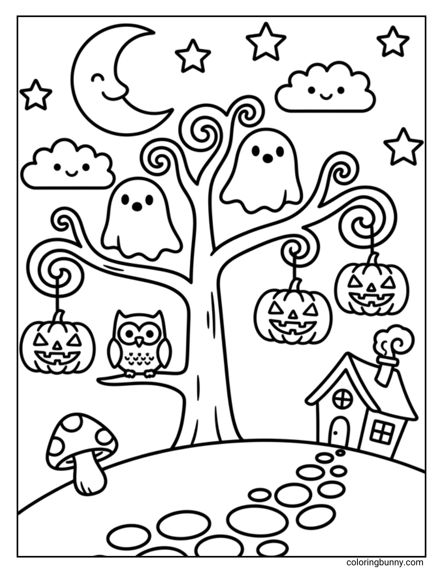 A detailed coloring page of a whimsical Halloween scene. There's a large tree with three cute ghosts, an owl, and hanging jack-o'-lanterns. In the background there is a smiling moon and stars look down on a little crooked house.