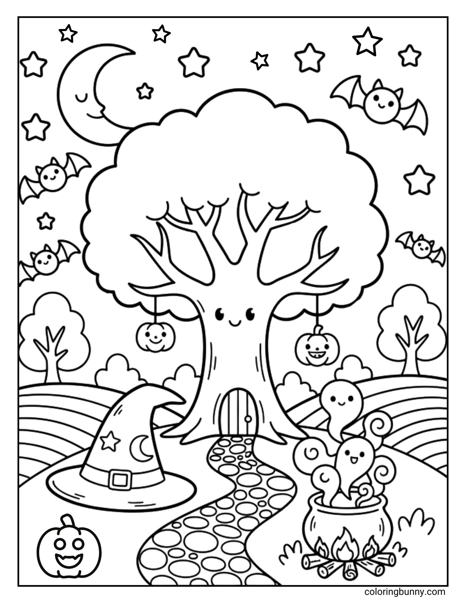 A whimsical Halloween coloring page featuring a friendly tree with a door, a witch's hat by a cauldron with two ghosts, and bats flying in the starry sky.