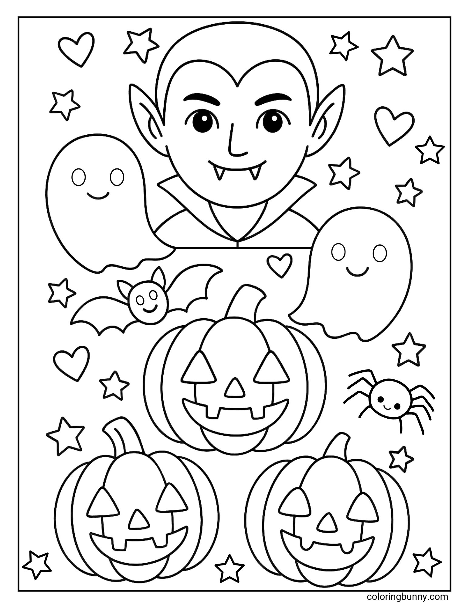 This Halloween coloring sheet features a large, friendly vampire at the top, with ghosts, bats, and spiders. Below him are three smiling jack-o'-lanterns, and the whole background is filled with stars and hearts to color.