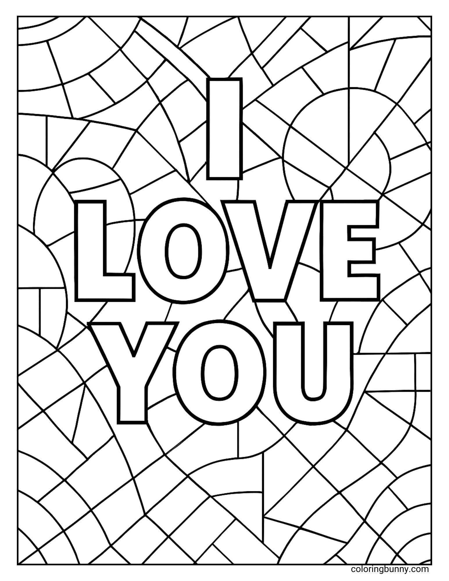 An I Love You themed coloring page with the large words I LOVE YOU in the center. This coloring sheet has a background of a mosaic-style pattern with many curved lines.