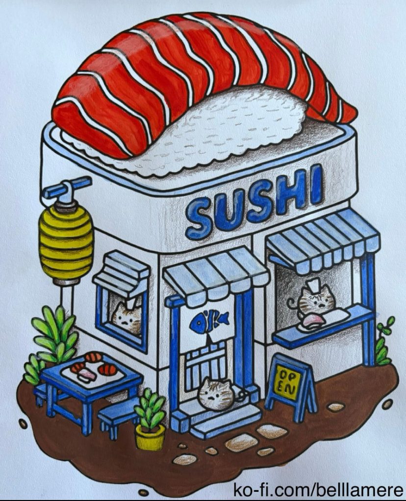 Sushi Shop Coloring Page by Bellamere Colored Using Pencil
