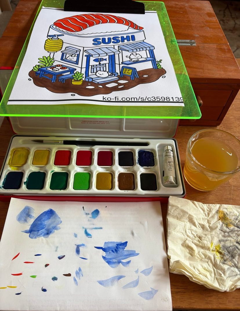 Sushi Shop Coloring Page by Bellamere Colored Using Water Color Paints