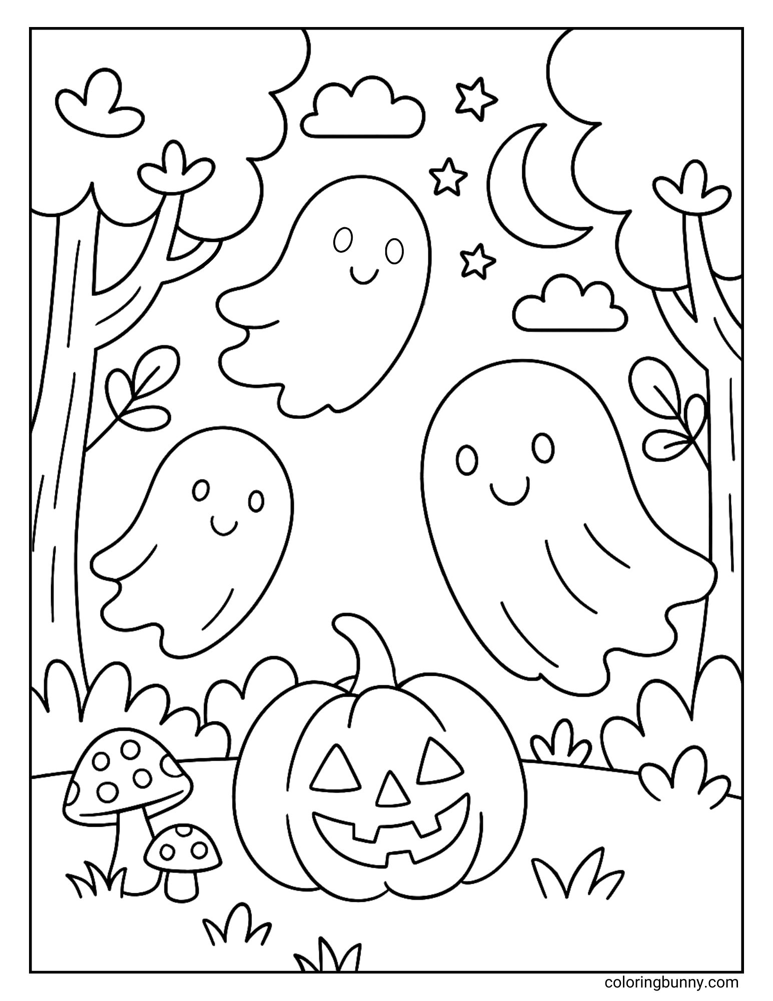 Three happy ghosts floating in a forest at night with a jack-o’-lantern and mushrooms, Halloween night coloring page.