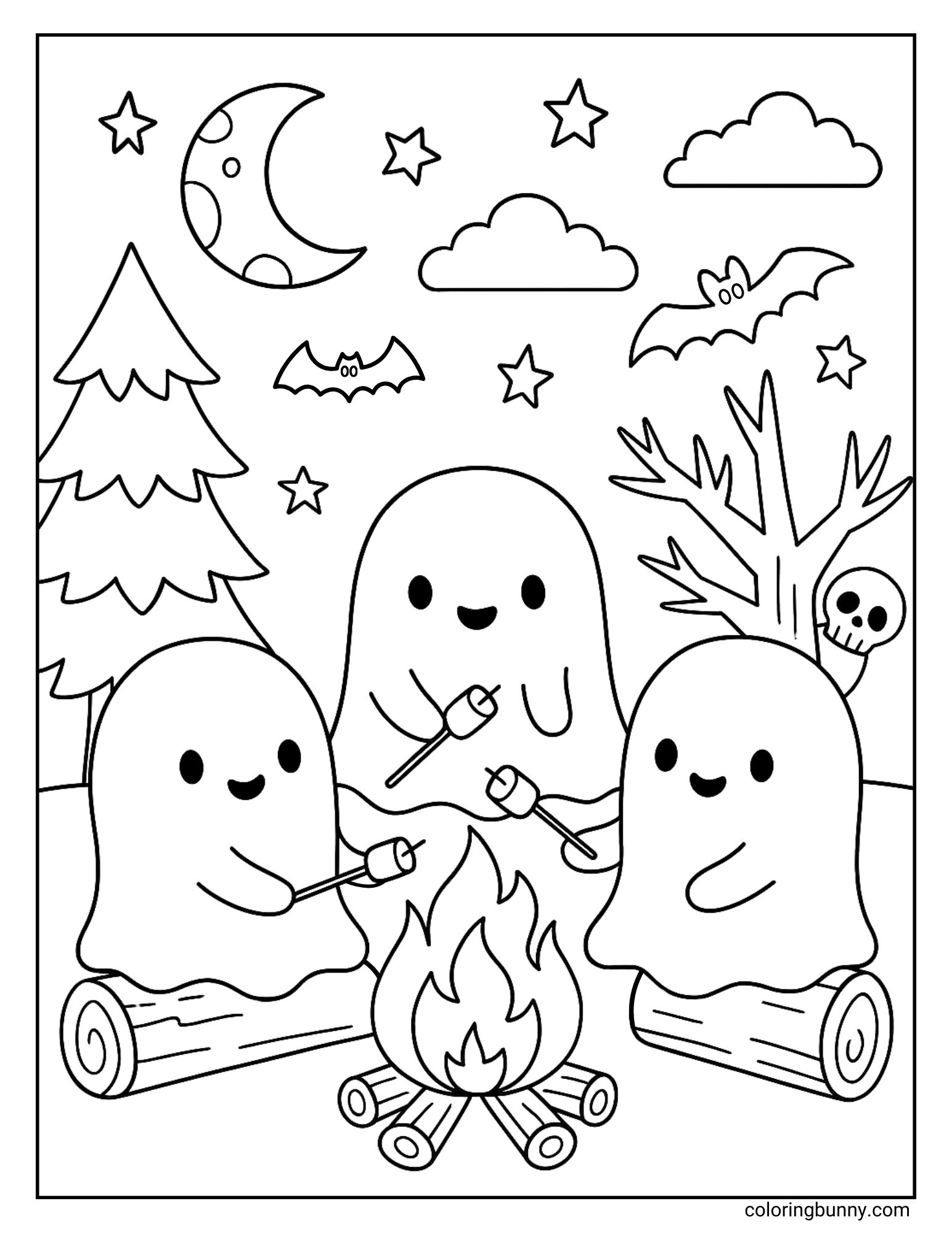 A cozy coloring page of three friendly ghosts sitting on logs around a campfire. They are all roasting marshmallows while bats fly in the starry night sky above them. In the background, there is a spooky tree with a small skull.