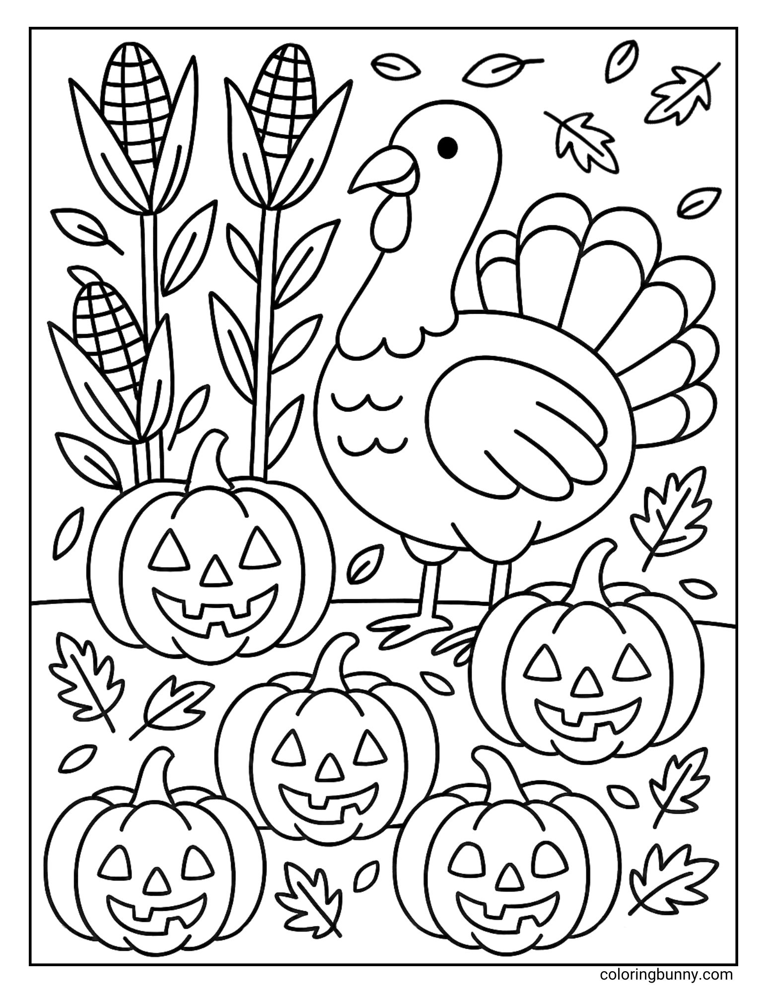 Cute Thanksgiving turkey standing with corn stalks and smiling jack-o’-lantern pumpkins, autumn harvest coloring page.