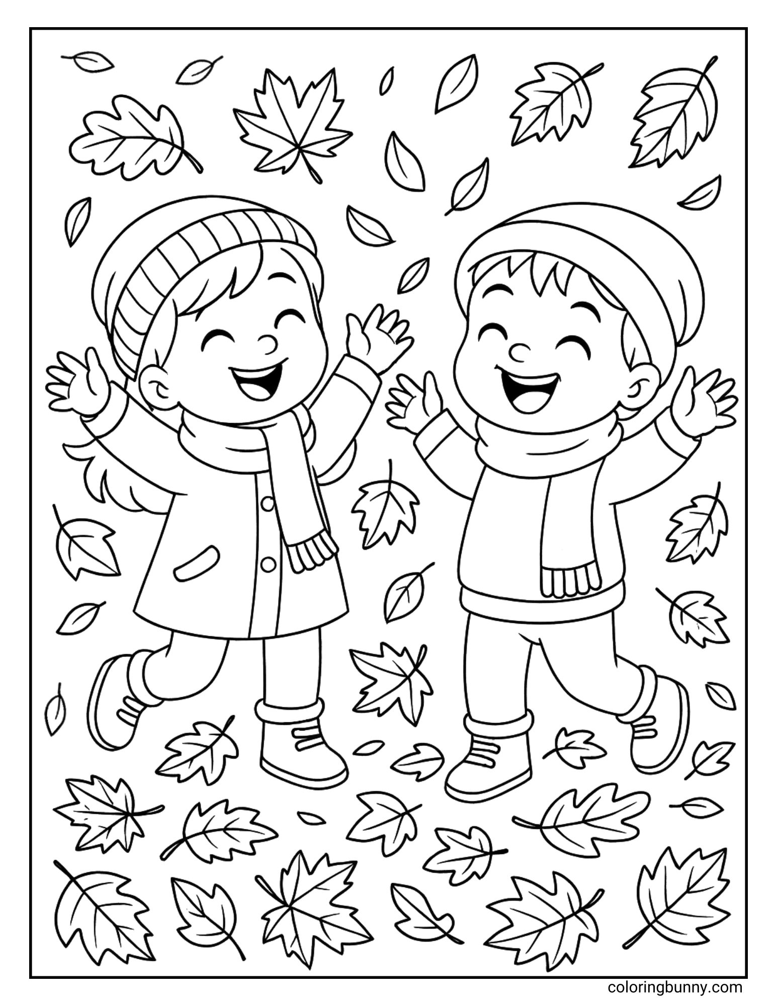 Two children smiling and playing in a shower of falling autumn leaves, cozy hats and scarves, fall coloring page.