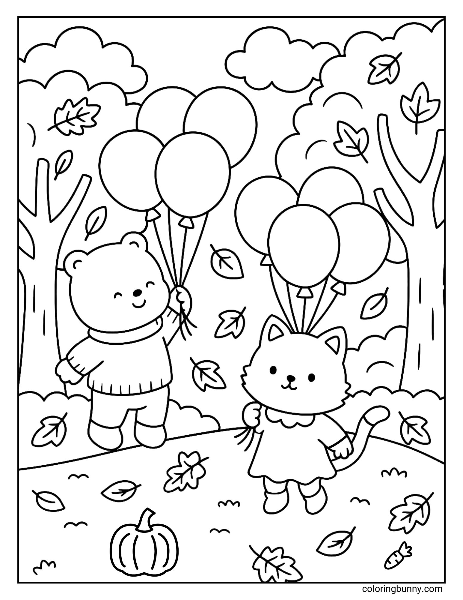 Two cute animals floating with balloons coloring page featuring a bear and a cat in a fall forest surrounded by trees, leaves, and a pumpkin.