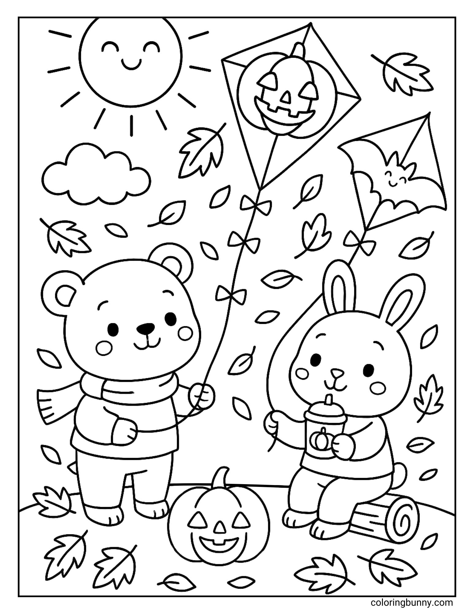 A fun coloring page of a windy autumn day, where a bear and a rabbit are flying kites. The bear holds a large jack-o'-lantern kite, while the rabbit sips a drink and holds a bat-shaped kite. The sky is full of falling leaves under a smiling sun.