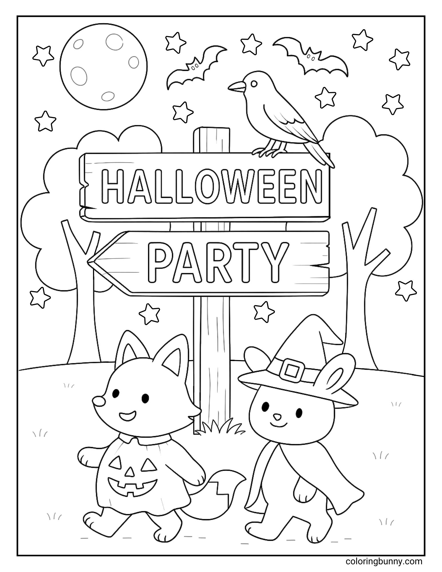 Two cute animals in Halloween costumes walking toward a party sign with bats, stars, and a crow in a Halloween coloring page.