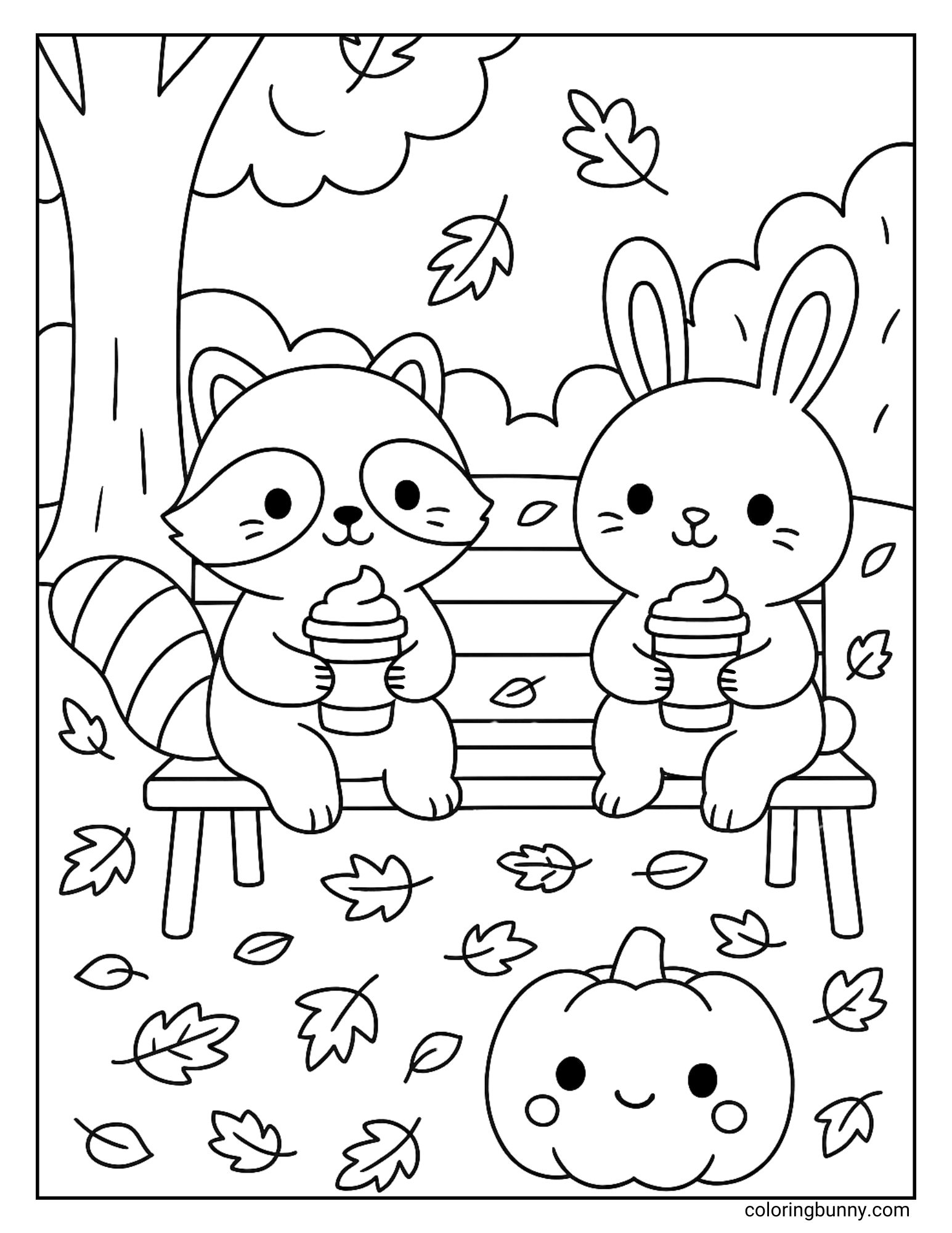 A black and white fall coloring page showing a raccoon and a rabbit sitting on a bench in a park, holding milkshakes with a happy pumpkin and falling autumn leaves on the ground.