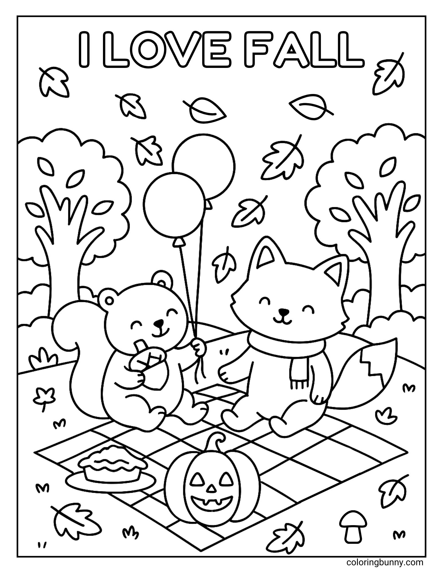 Cute fall picnic coloring page with a squirrel and a fox sitting on a blanket holding balloons, eating pie, and surrounded by pumpkins, leaves, and trees.
