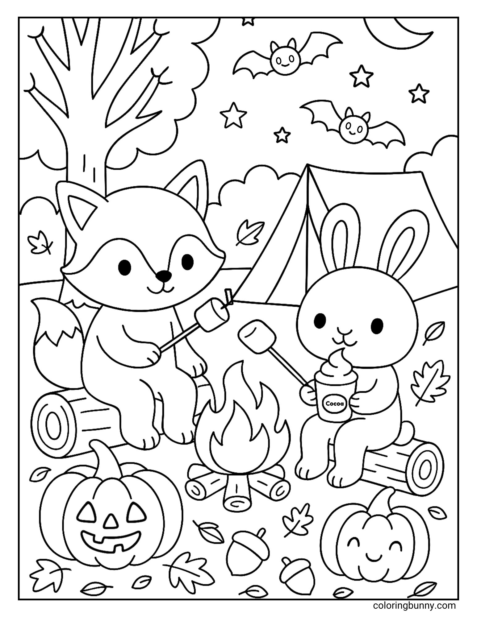 Cute fox and bunny roasting marshmallows at a campfire with cocoa, pumpkins, and bats flying, Halloween camping coloring page.